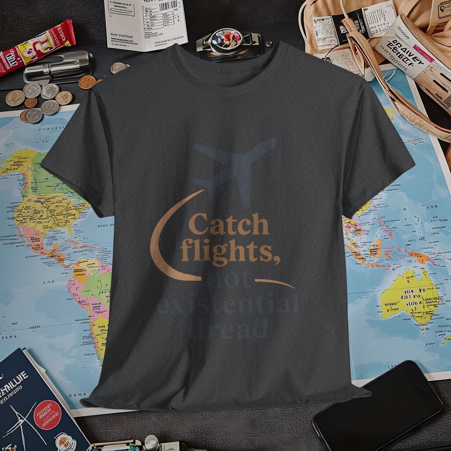 Catch Flights Not Existential Dread Tee – Minimalist Airplane Silhouette Quote Shirt Air Travel T-Shirts | Jetsetter, Airport, and International Flight Tees