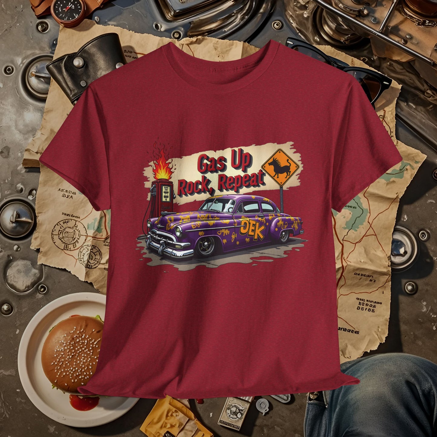 Gas Up, Rock and Repeat Road Trip & Vehicle Travel T-Shirts | Car, RV, and Motorcycle Adventure Tees