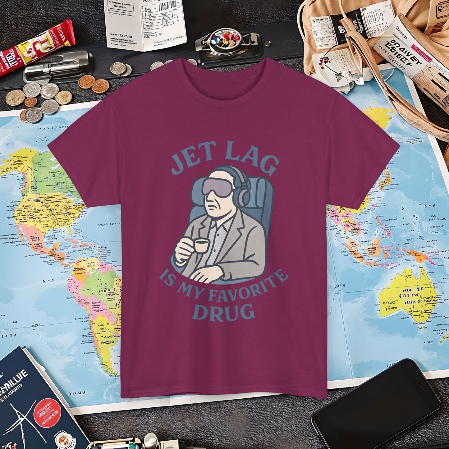Jet Lag Is My Favorite Drug – Vintage Espresso & Travel Vibes Tee Air Travel T-Shirts | Jetsetter, Airport, and International Flight Tees