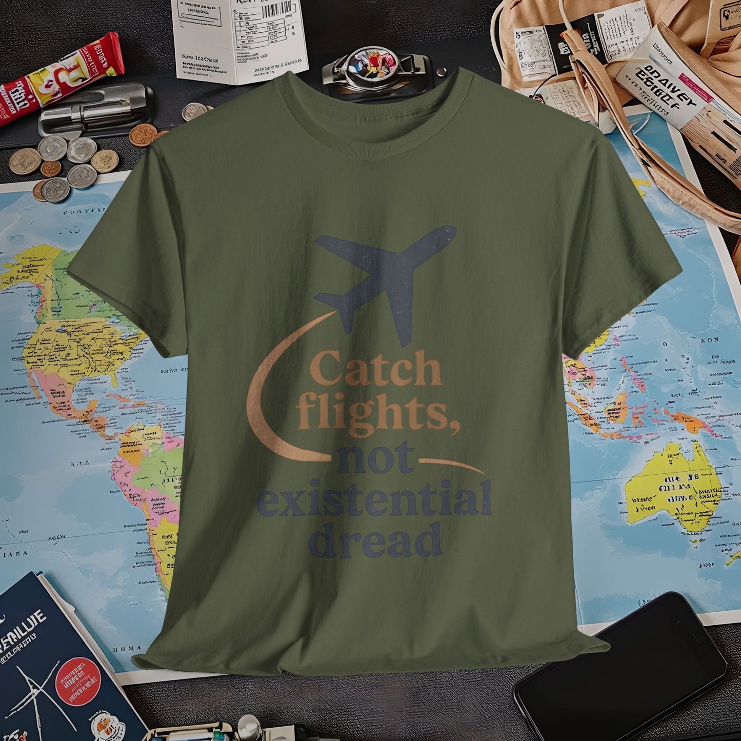 Catch Flights Not Existential Dread Tee – Minimalist Airplane Silhouette Quote Shirt Air Travel T-Shirts | Jetsetter, Airport, and International Flight Tees