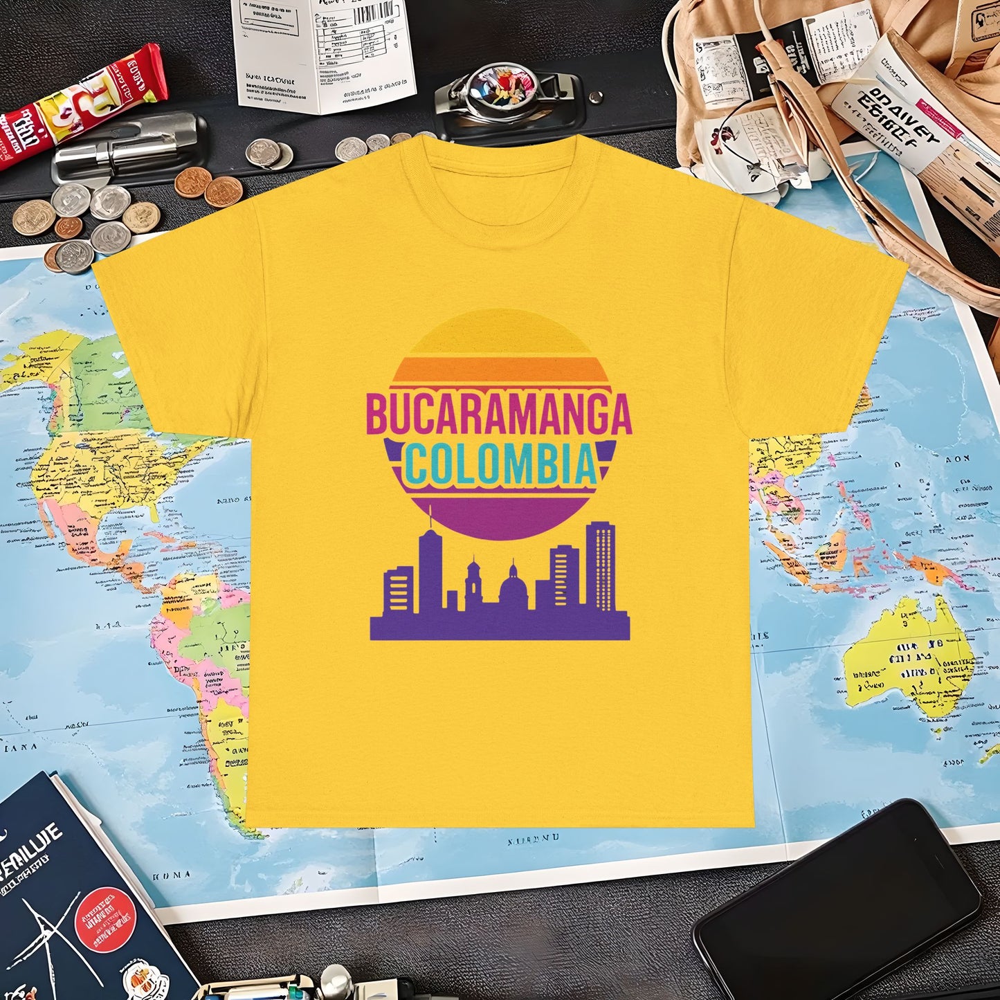 Retro Bucaramanga Skyline Sunset Tee – Vintage Colombia Travel Shirt| Layover Club Air Travel T-Shirts | Jetsetter, Airport, and International Flight Tees