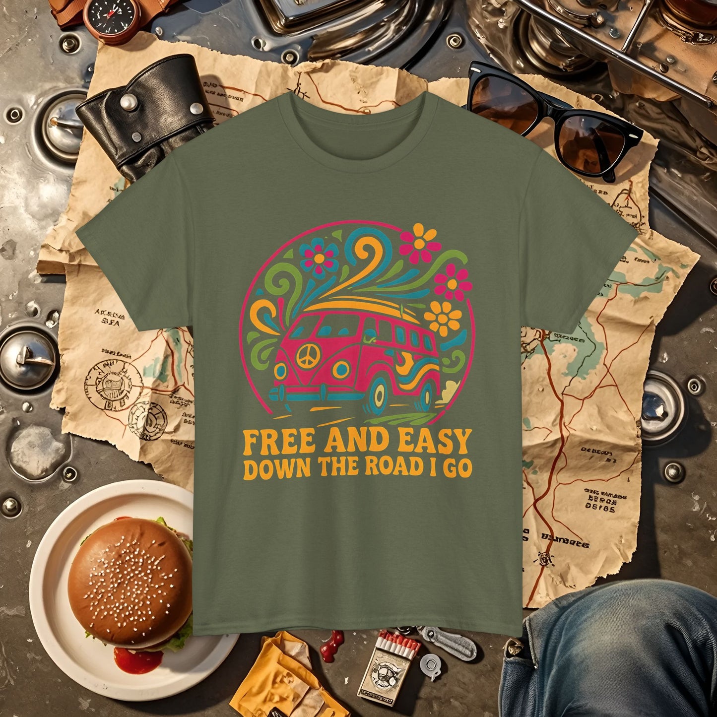Free and Easy T-Shirt – Retro Hippie Van with Floral Freedom Vibes