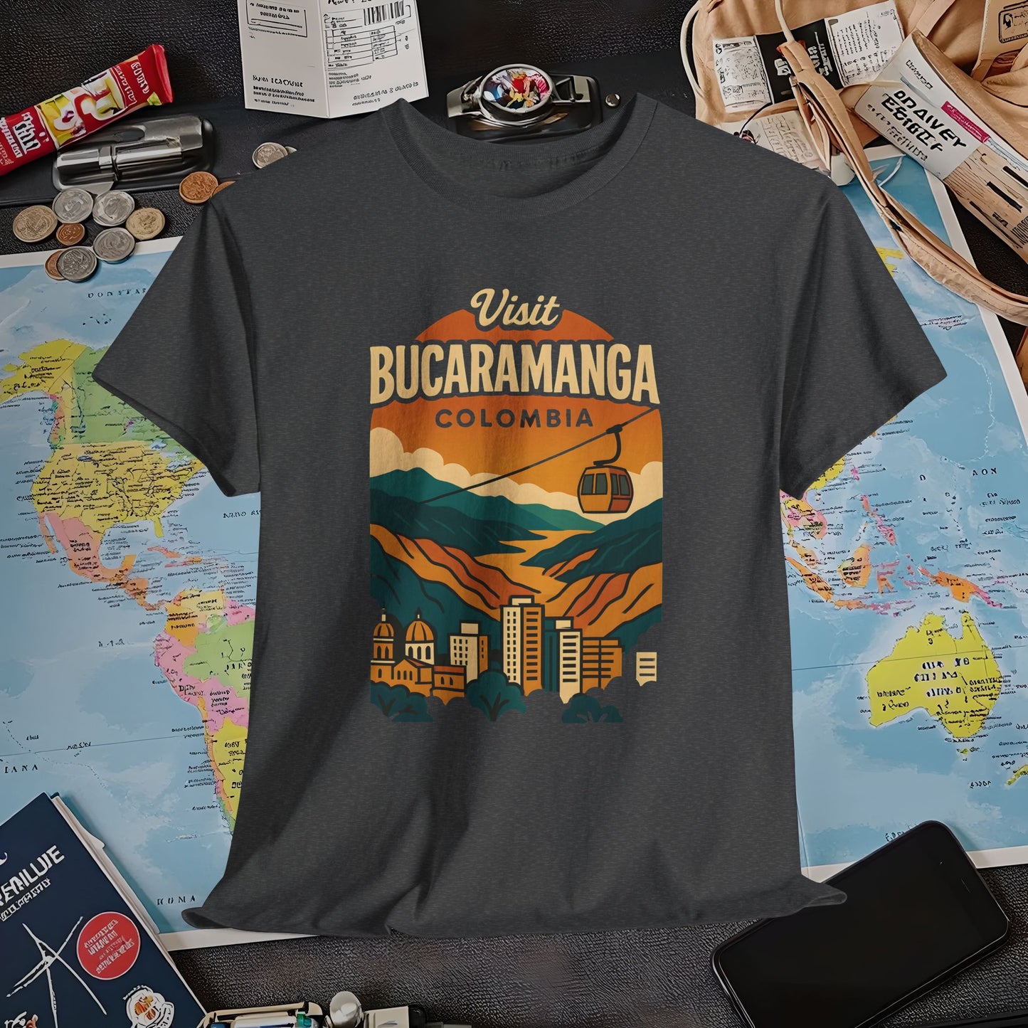 Retro Bucaramanga Skyline with Chicamocha Canyon – Vintage Colombia Travel Tee | Layover Club Air Travel T-Shirts | Jetsetter, Airport, and International Flight Tees