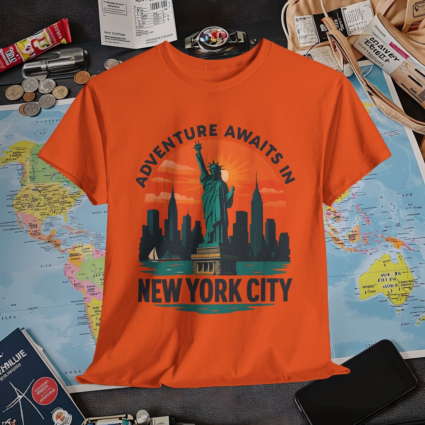 Adventure Awaits in New York City T-Shirt – Sunset Skyline with Statue of Liberty Design Air Travel T-Shirts | Jetsetter, Airport, and International Flight Tees