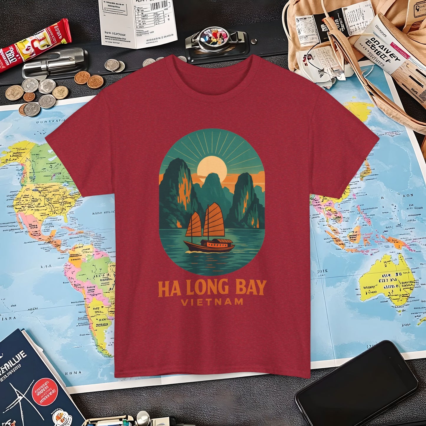 Ha Long Bay Vietnam T-Shirt – Art Deco Junk Boat Travel Shirt for Southeast Asia Lovers Air Travel T-Shirts | Jetsetter, Airport, and International Flight Tees