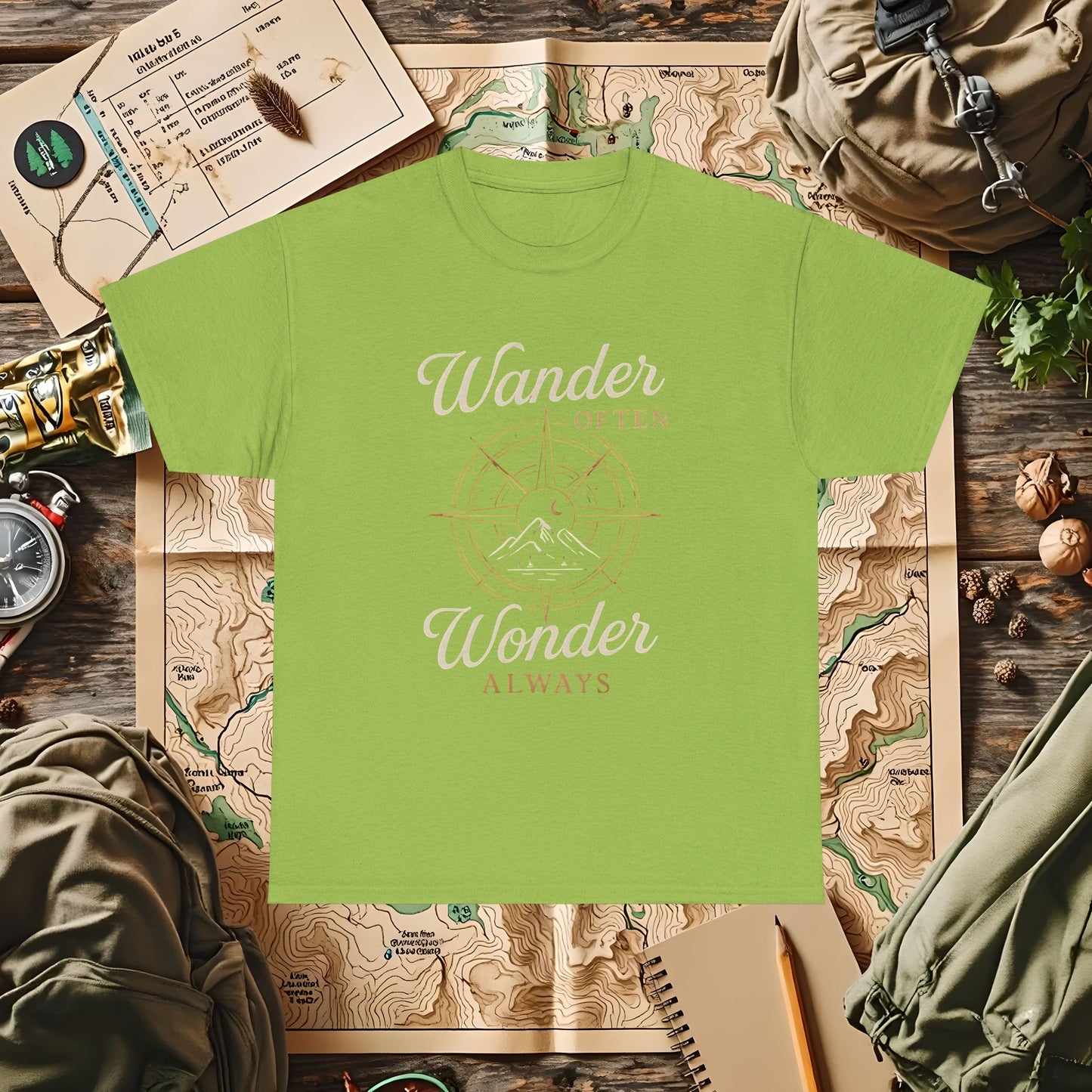 Wander Often, Wonder Always – Compass Quote Travel Tee | Camping, Hiking, Rafting & Kayaking Tees for Nature Lovers