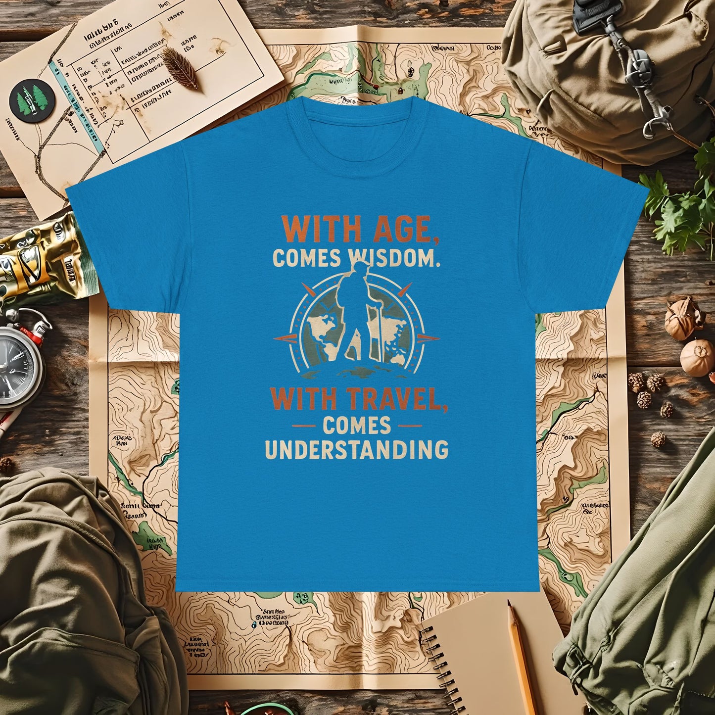 With Age Comes Wisdom, With Travel Comes Understanding Tee – Explorer Compass Design | Camping, Hiking, Rafting & Kayaking Tees for Nature Lovers