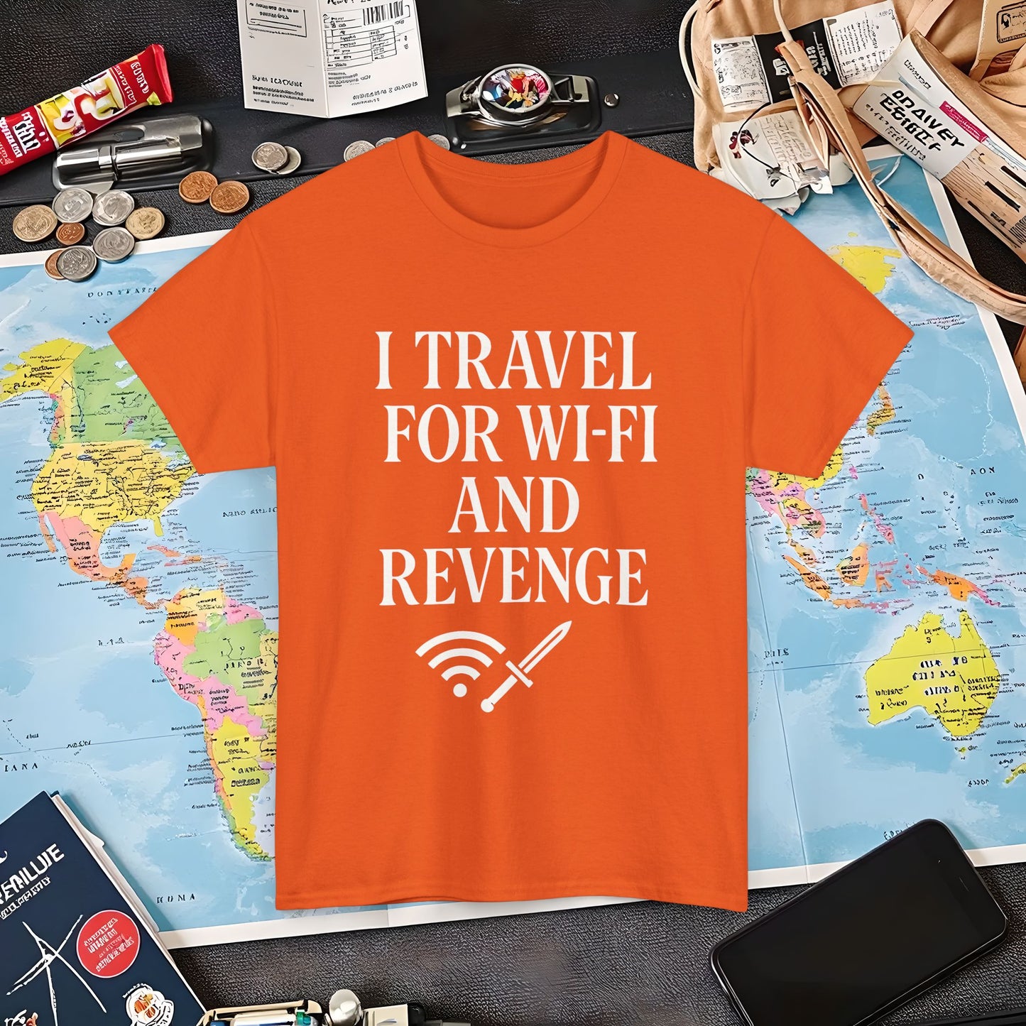 I Travel for WiFi and Revenge – Bold Quote Tee with Dagger Icon Air Travel T-Shirts | Jetsetter, Airport, and International Flight Tees