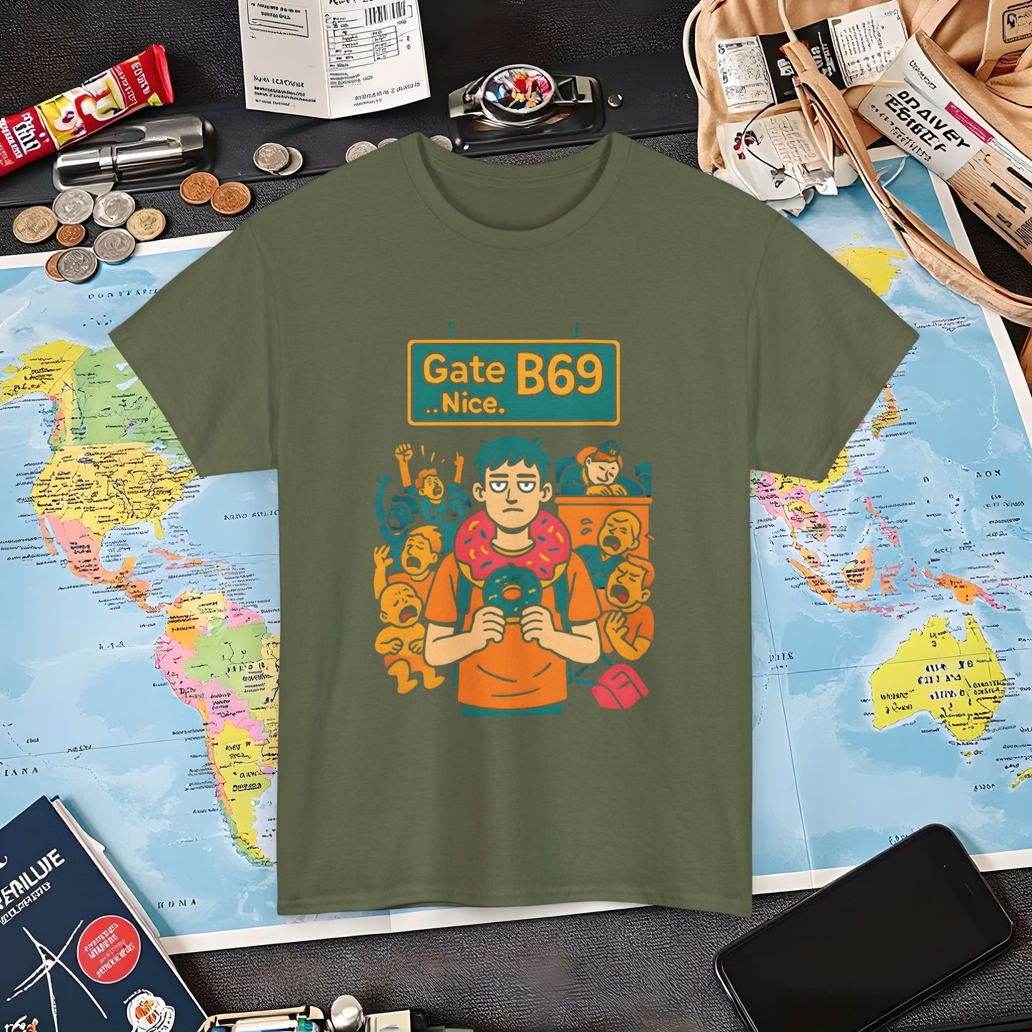 Gate B69 Deadpan Traveler T-Shirt — Chill at Chaotic Airport Terminal Layover Tee Air Travel T-Shirts | Jetsetter, Airport, and International Flight Tees