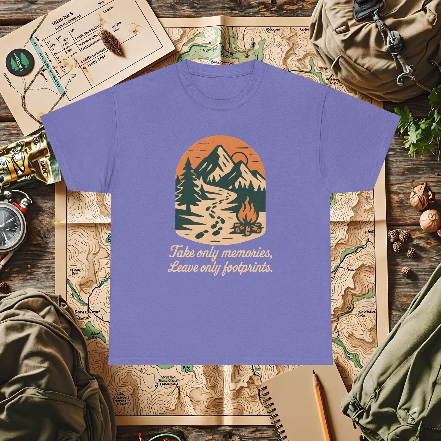 Take Only Memories, Leave Only Footprints — Sunset Mountain Trail Adventure Badge T-Shirt | Camping, Hiking, Rafting & Kayaking Tees for Nature Lovers