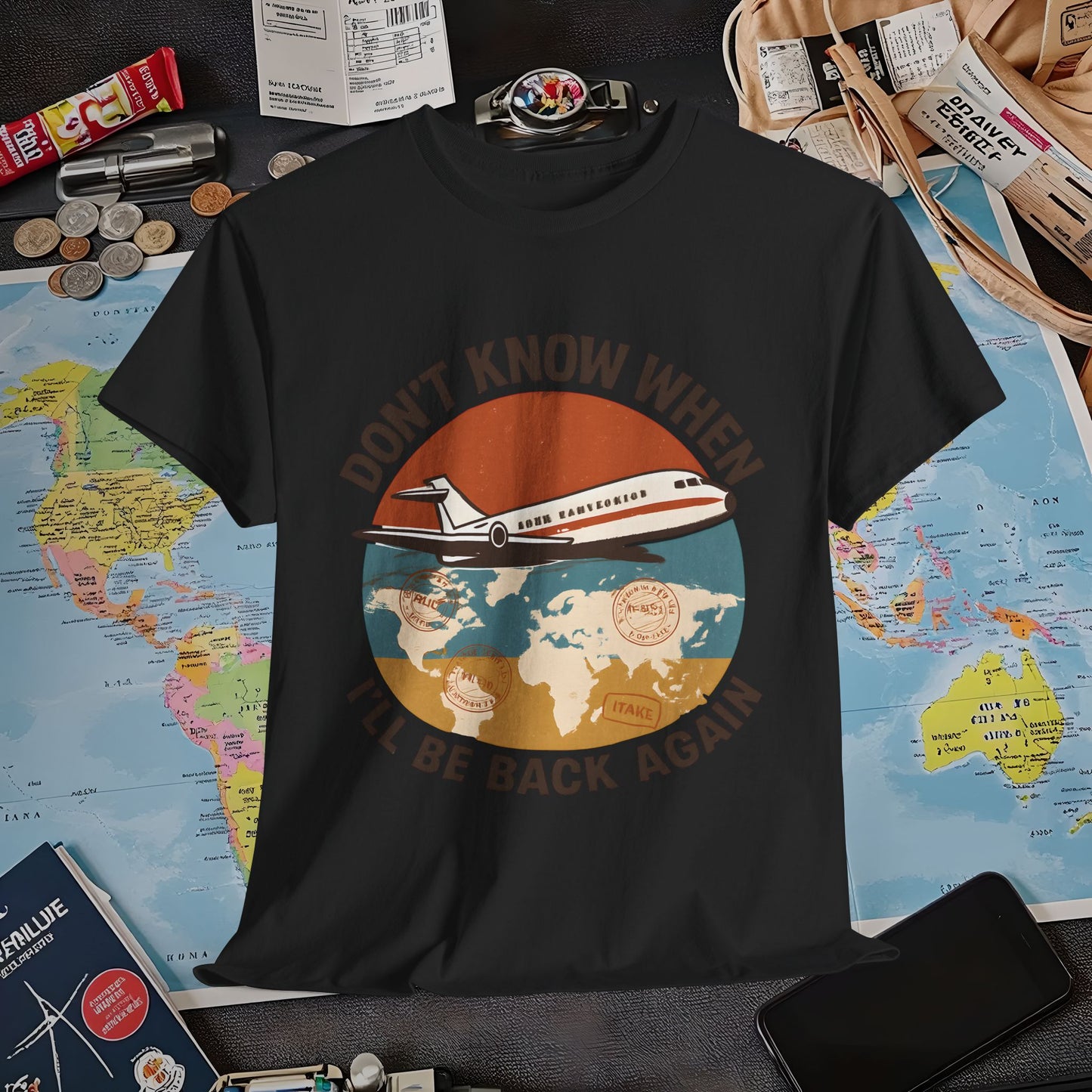 Don’t Know When I’ll Be Back Again T-Shirt – Retro ’70s Jet & Vintage Map Travel Design Air Travel T-Shirts | Jetsetter, Airport, and International Flight Tees