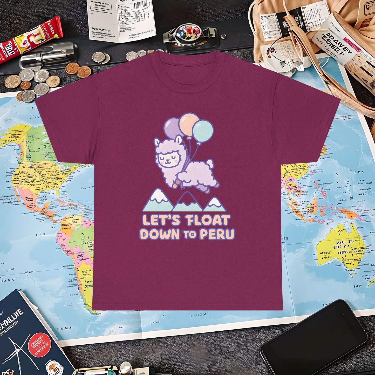 Let’s Float Down to Peru T-Shirt – Kawaii Alpaca Over Snowy Mountain Peaks Air Travel T-Shirts | Jetsetter, Airport, and International Flight Tees