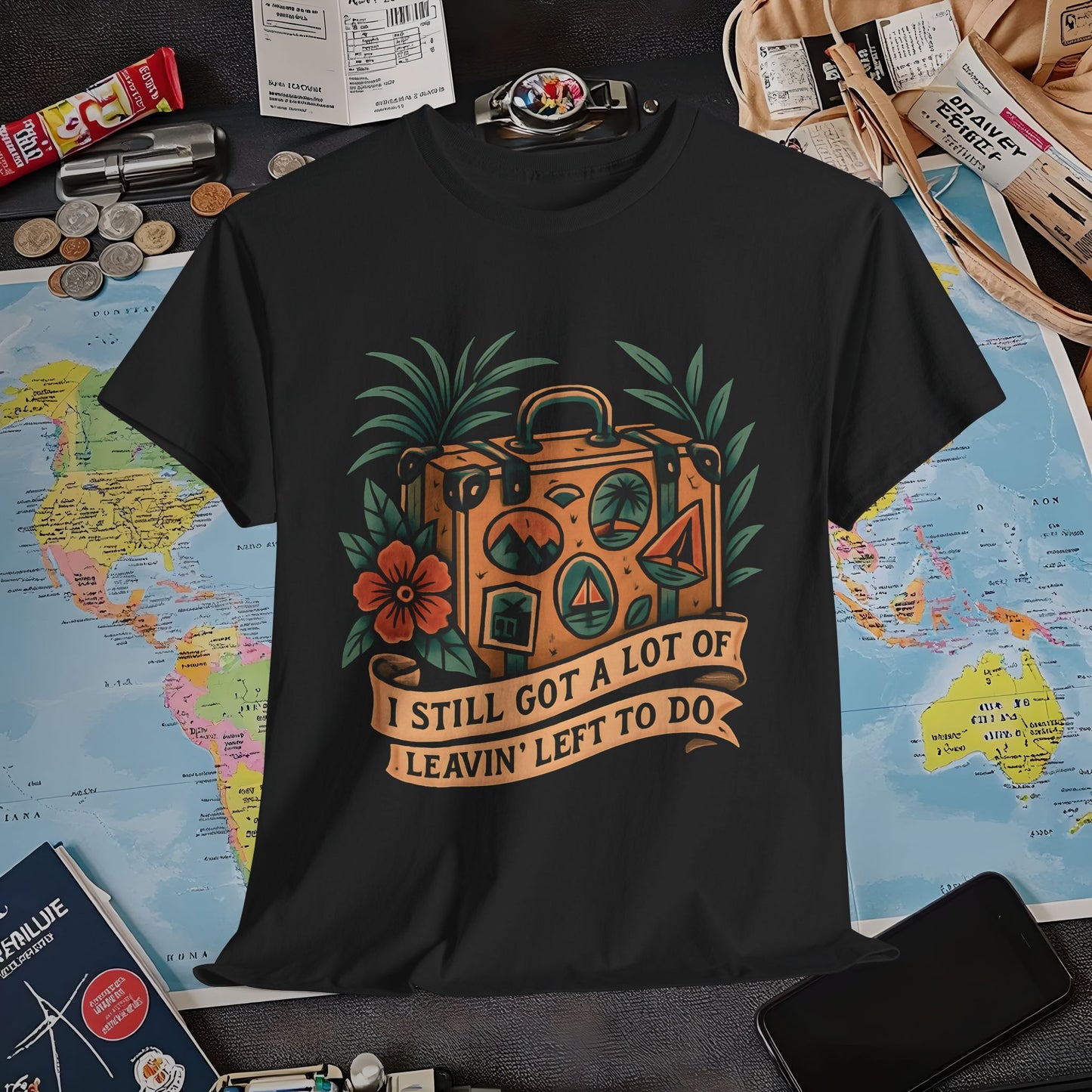 I Still Got a Lot of Leavin’ Left to Do T-Shirt – Vintage Suitcase with Tropical Travel Vibes