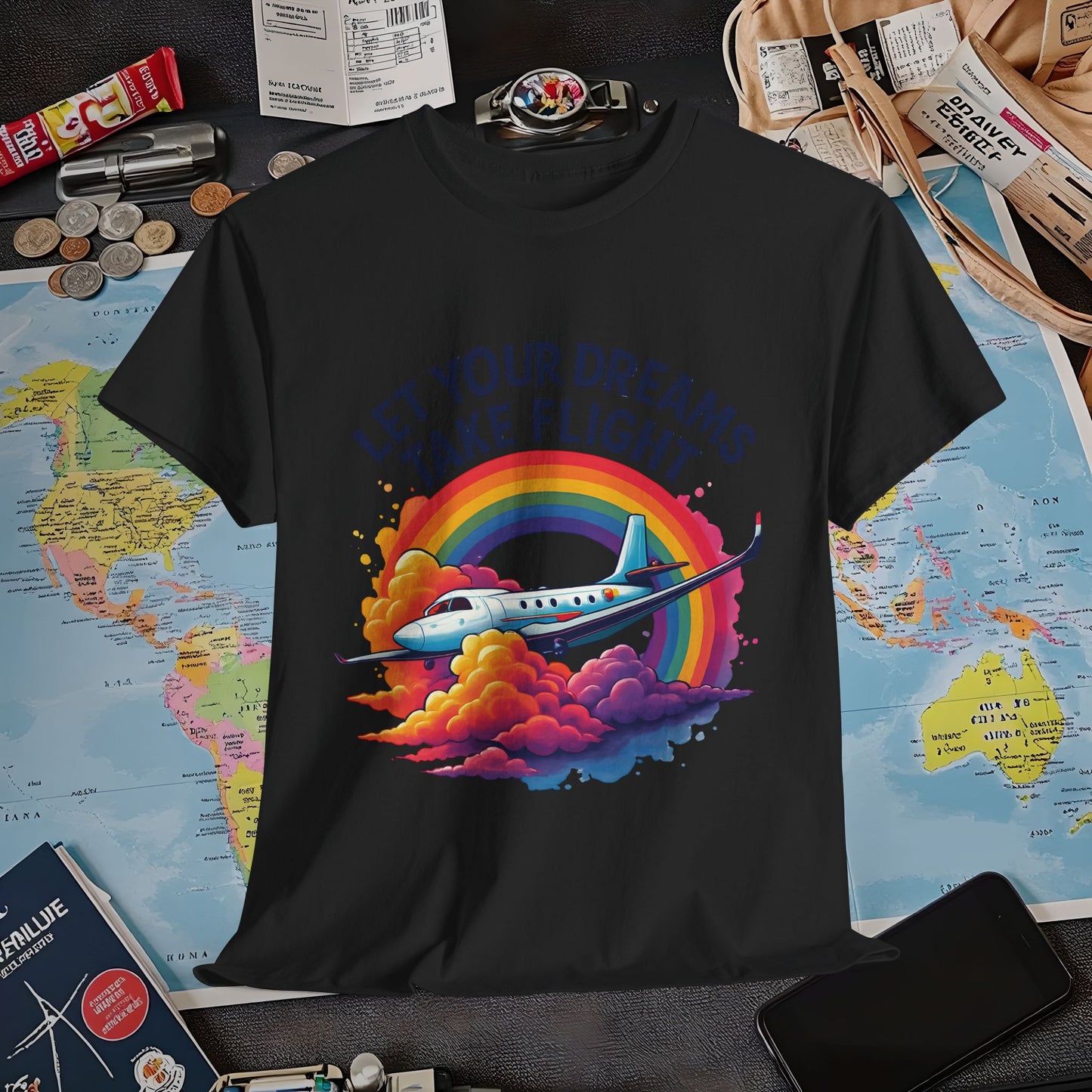 Let Your Dreams Take Flight T-Shirt – Airplane with Rainbow Trail Design Air Travel T-Shirts | Jetsetter, Airport, and International Flight Tees