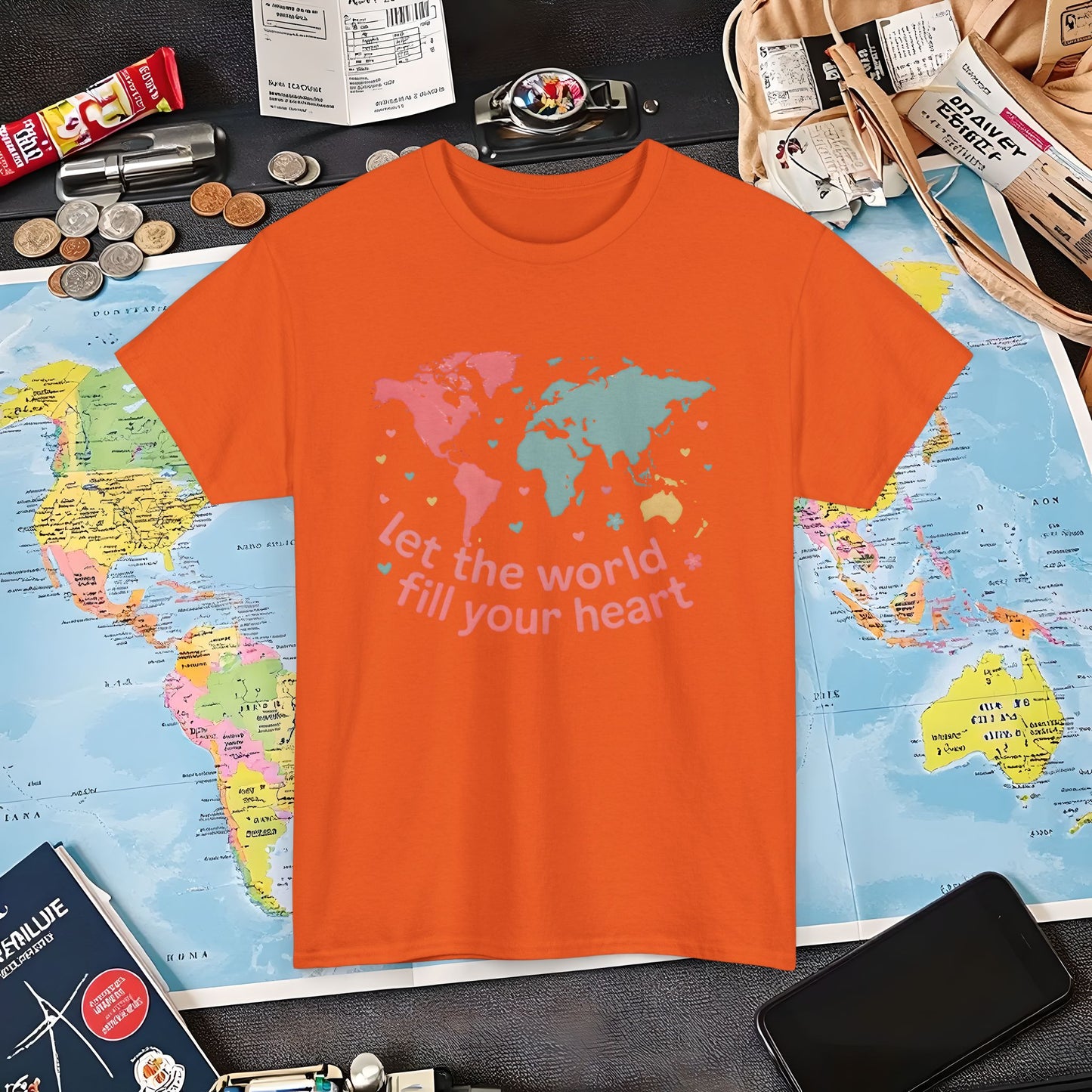Let the World Fill Your Heart T-Shirt – World Map Adventure Design Air Travel T-Shirts | Jetsetter, Airport, and International Flight Tees