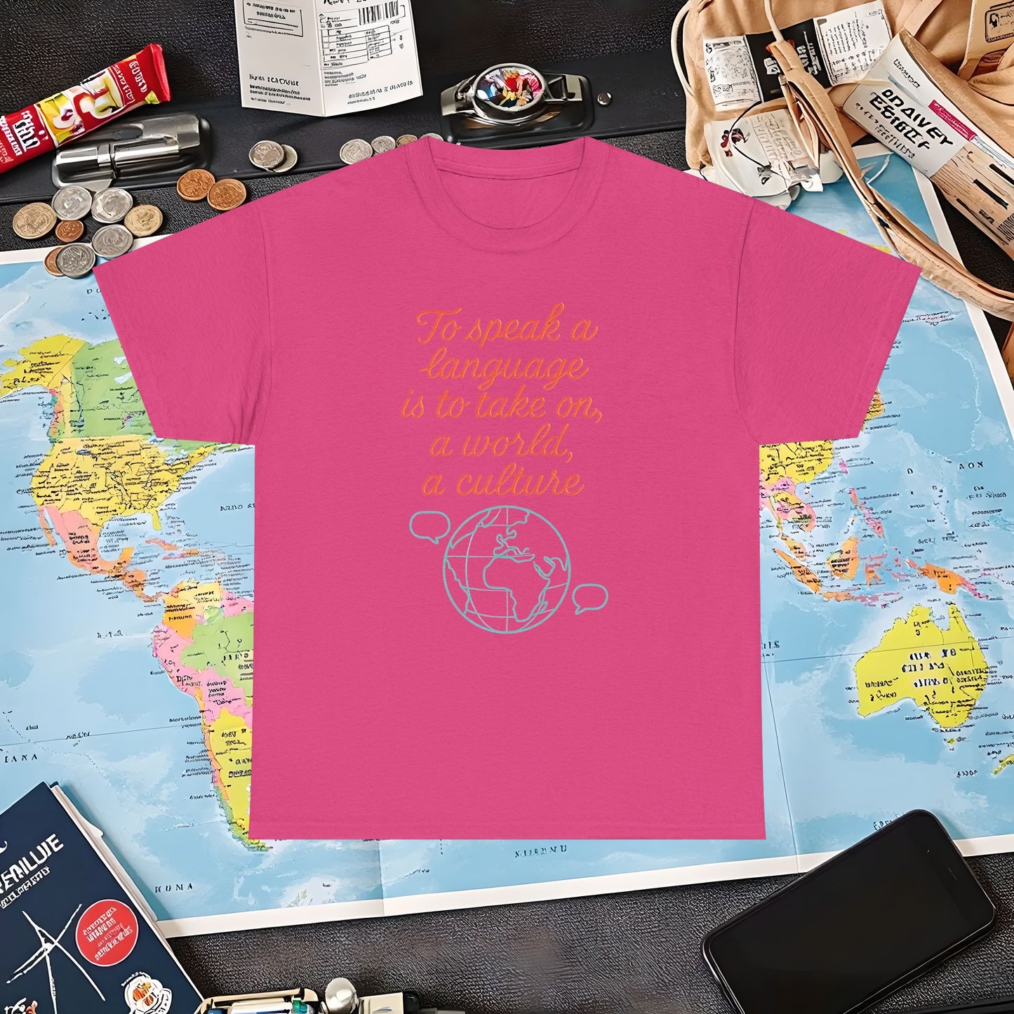 To Speak a Language Is to Take on a World – Cultural Connection Tee with Globe & Speech Bubbles | Layover Club Air Travel T-Shirts | Jetsetter, Airport, and International Flight Tees