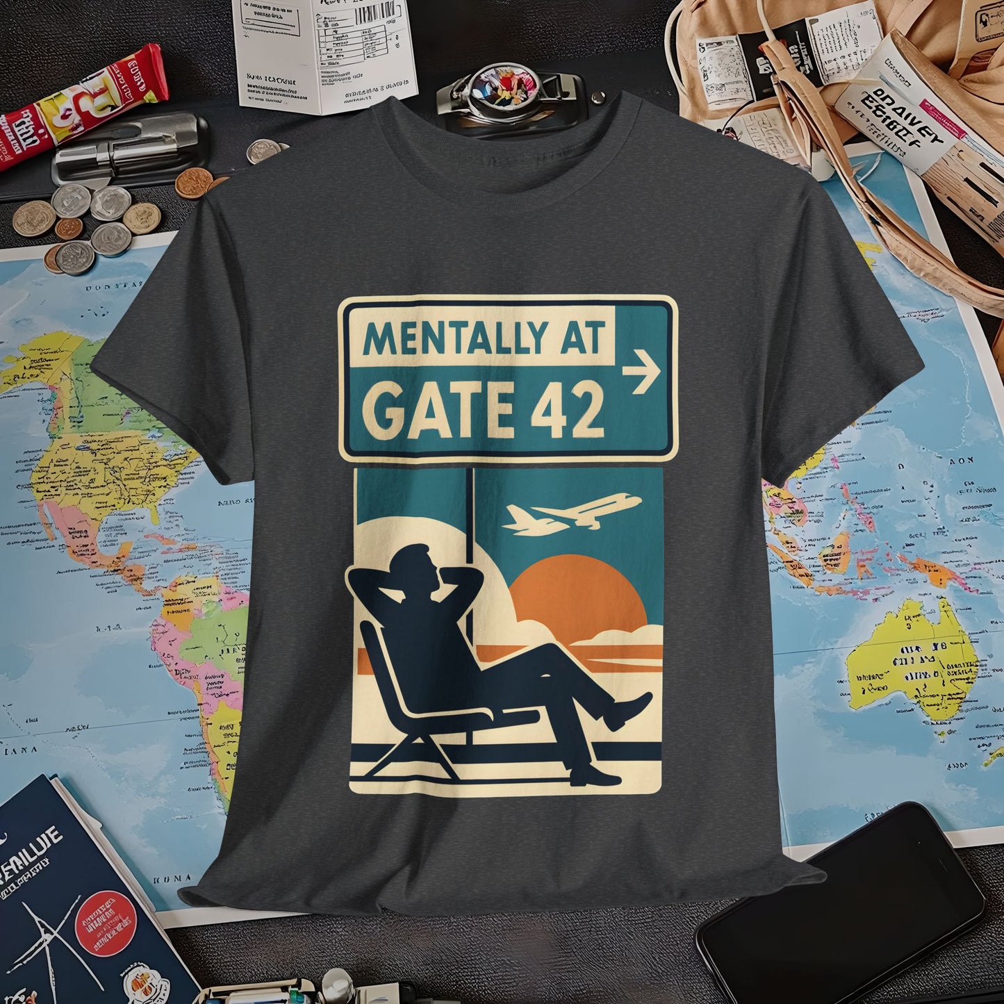 Mentally at Gate 42 Tee – Retro Airport Daydream Vibes Shirt Air Travel T-Shirts | Jetsetter, Airport, and International Flight Tees