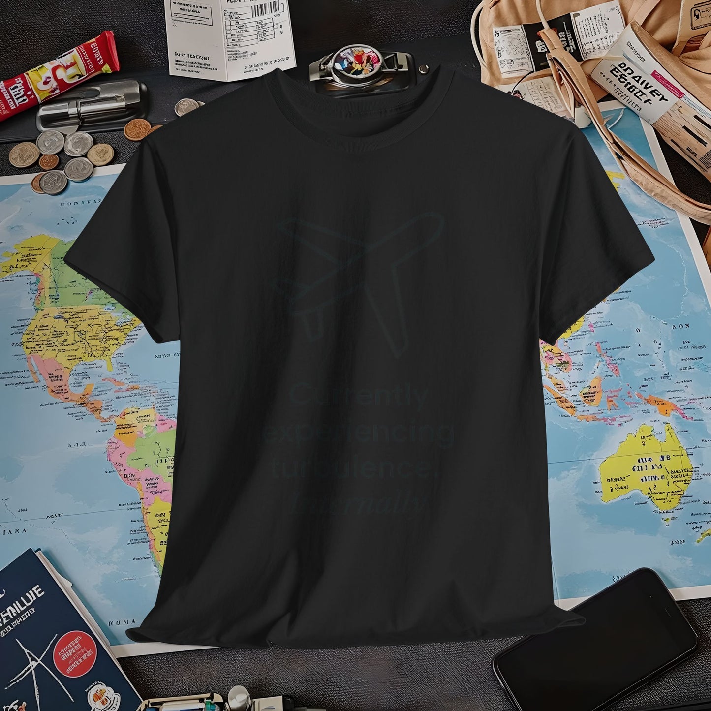 Currently Experiencing Turbulence Internally Tee – Minimalist Airplane Quote Shirt Air Travel T-Shirts | Jetsetter, Airport, and International Flight Tees