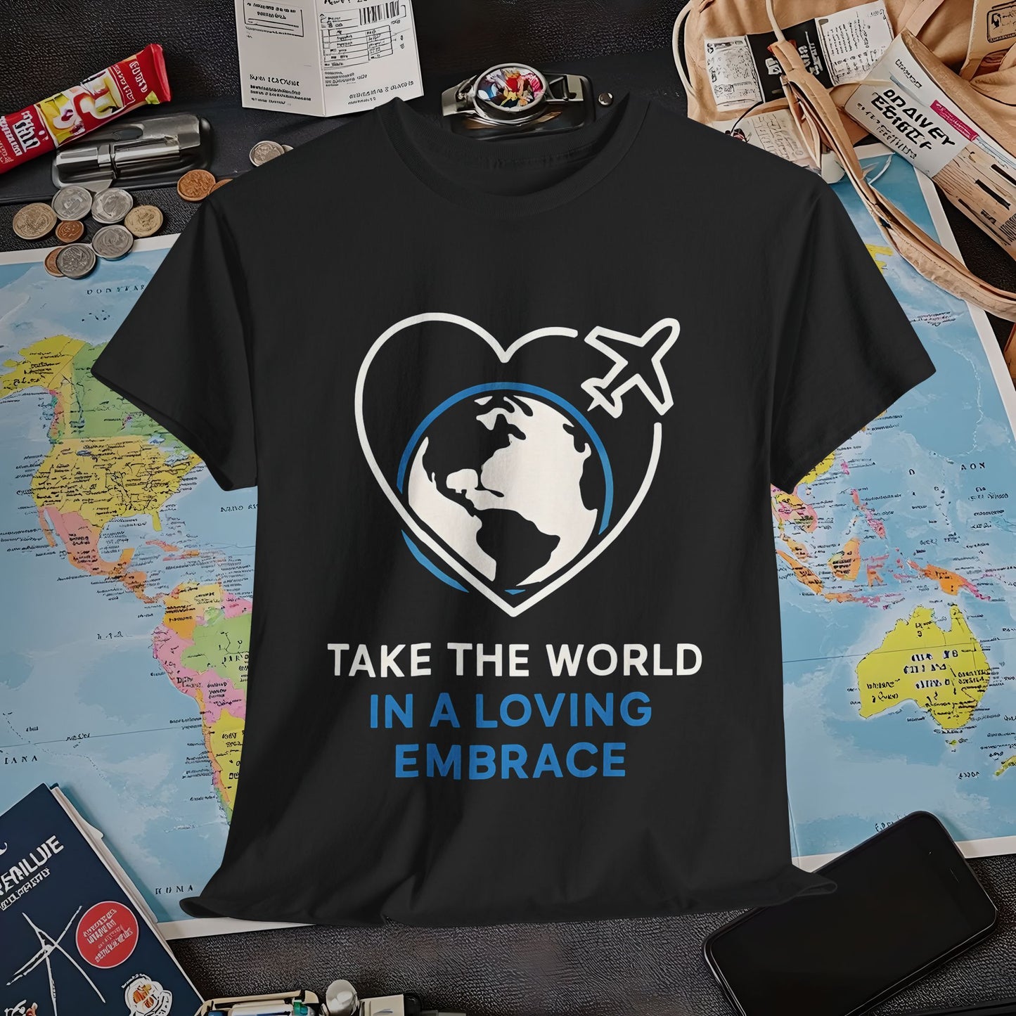 Take the World in a Loving Embrace T-Shirt – Heart in Flight Over Globe Design Air Travel T-Shirts | Jetsetter, Airport, and International Flight Tees