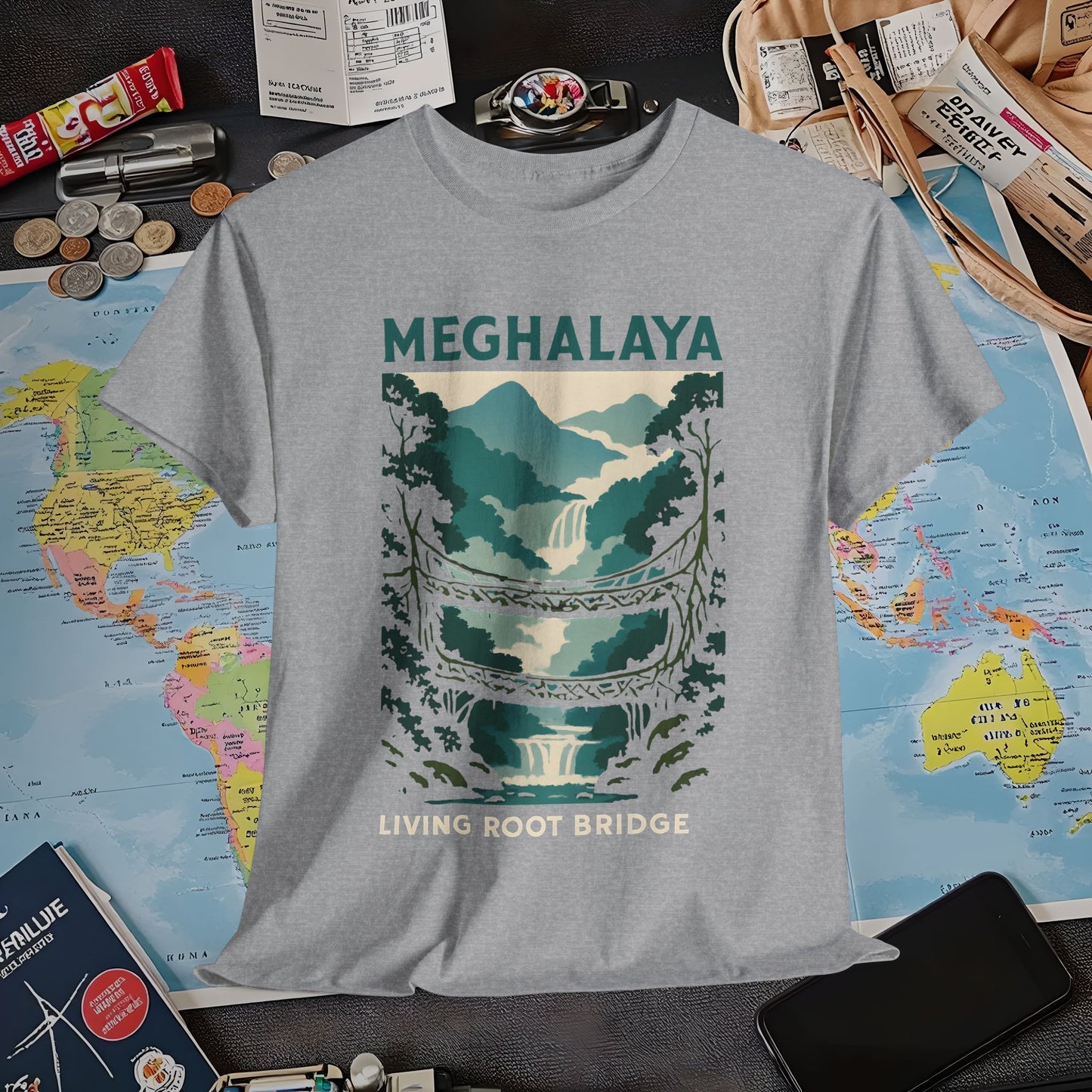 Living Root Bridges of Meghalaya – Hidden India Nature Adventure Tee Air Travel T-Shirts | Jetsetter, Airport, and International Flight Tees