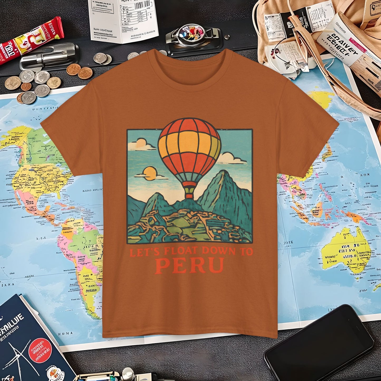 Let’s Float Down to Peru T-Shirt – Vintage Hot-Air Balloon Over Machu Picchu Design Air Travel T-Shirts | Jetsetter, Airport, and International Flight Tees