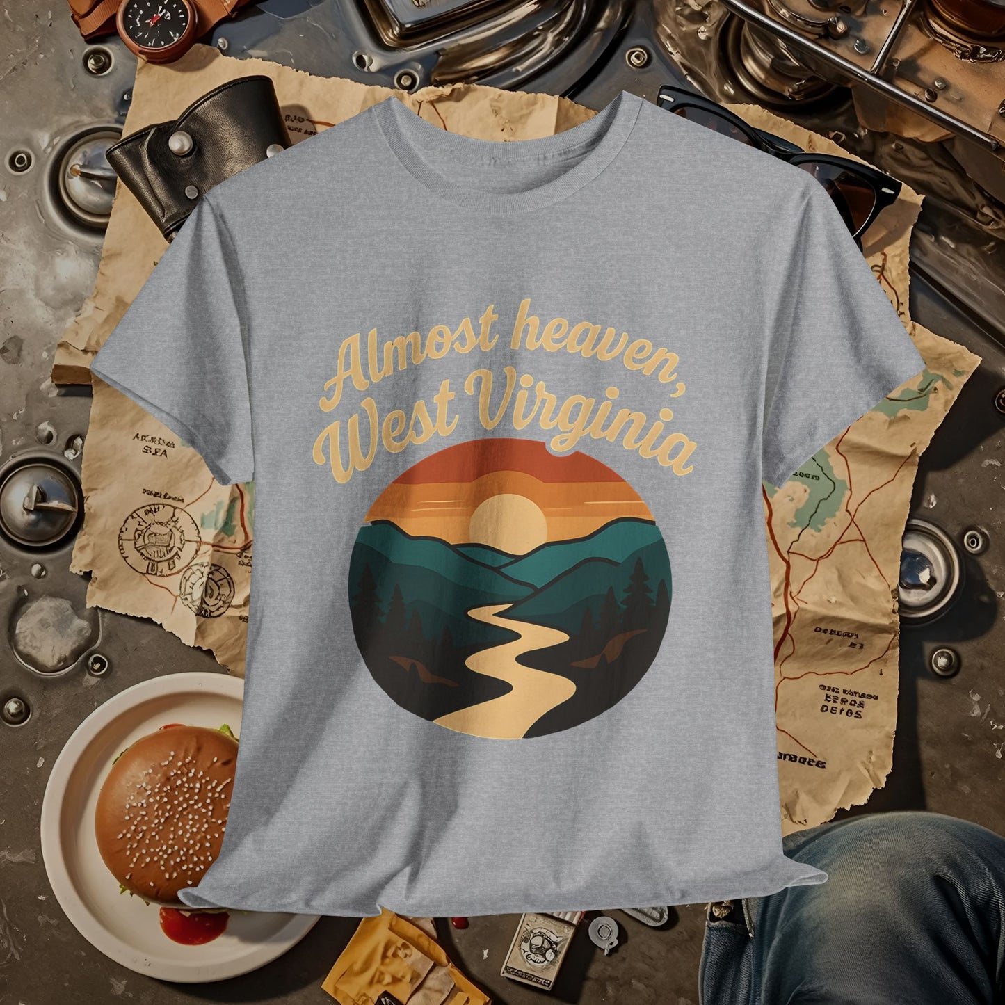 Almost Heaven, West Virginia T-Shirt – Vintage Appalachian Sunset with Winding River Road Trip & Vehicle Travel T-Shirts | Car, RV, and Motorcycle Adventure Tees
