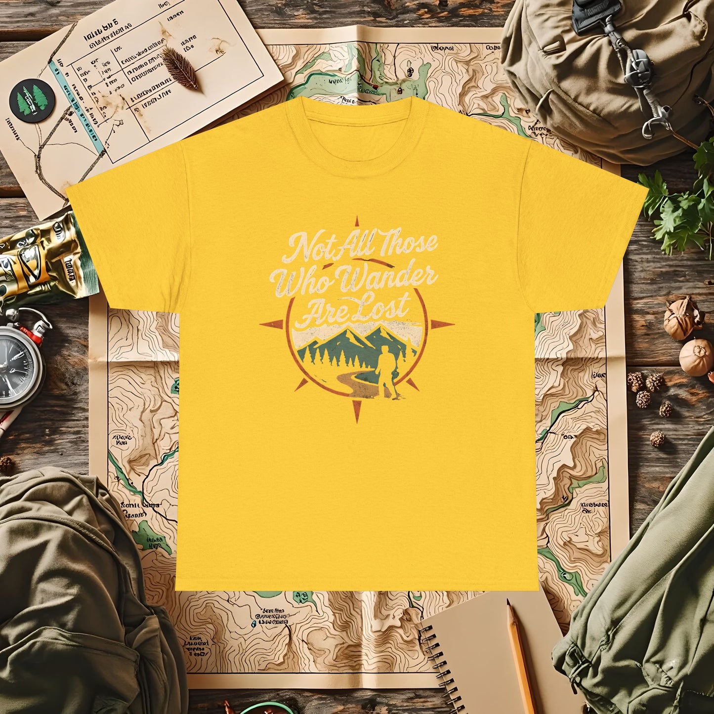 Not All Who Wander Are Lost – Vintage Compass Mountain Tee | Camping, Hiking, Rafting & Kayaking Tees for Nature Lovers