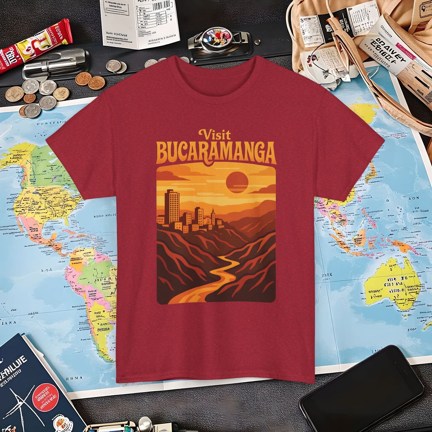 Retro Bucaramanga Skyline & Chicamocha Canyon Sunset – Vintage Colombia Travel Tee | Layover Club Air Travel T-Shirts | Jetsetter, Airport, and International Flight Tees