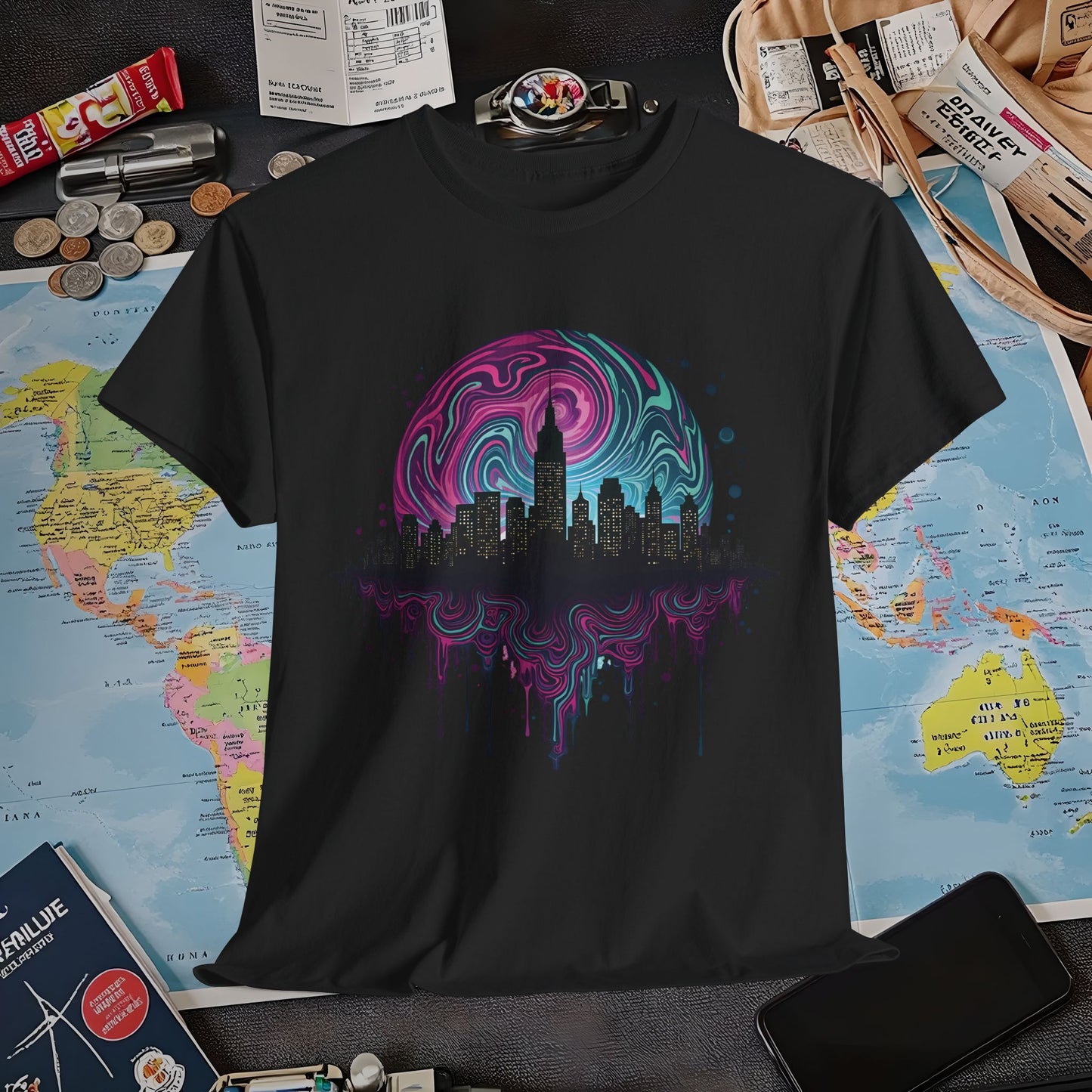 Psychedelic Skyline Air Travel T-Shirts | Jetsetter, Airport, and International Flight Tees