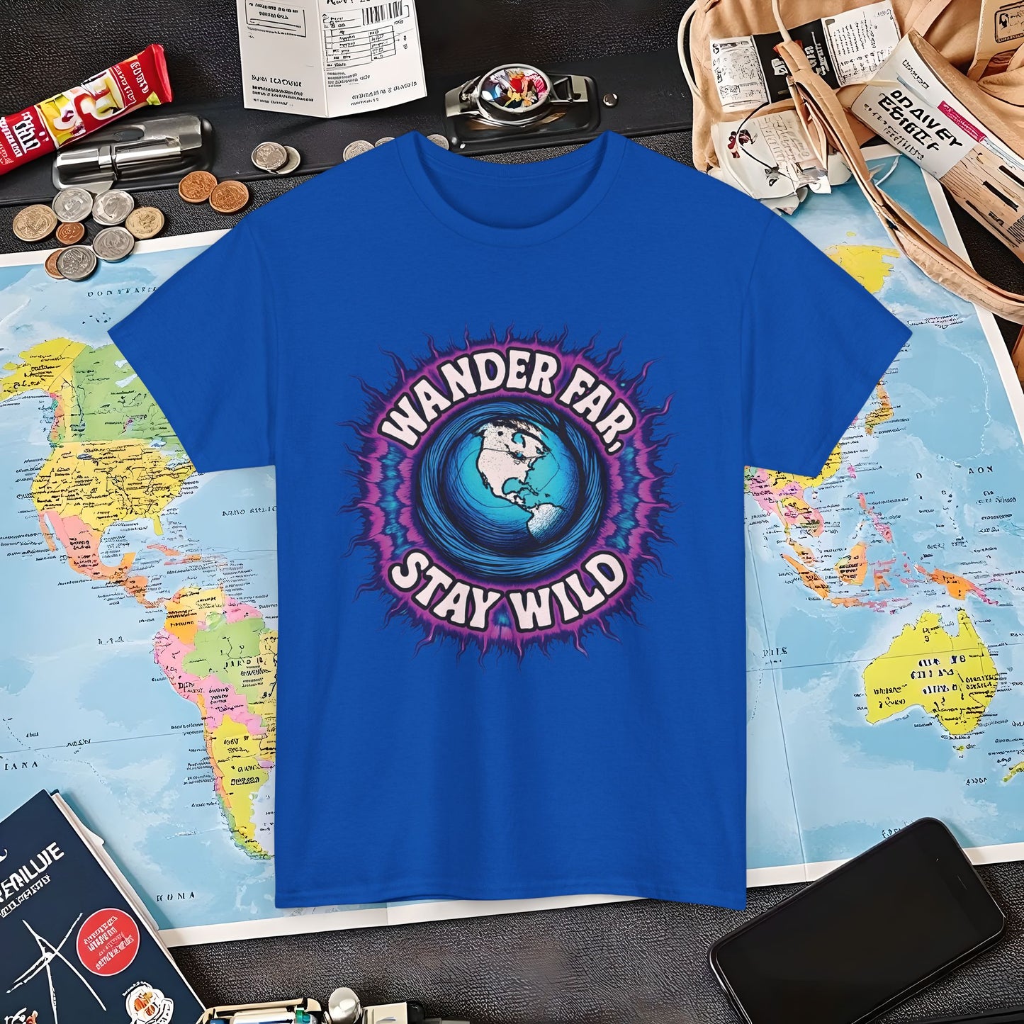 Wander Far, Stay Wild T-Shirt – Globe Burst Adventure Design Air Travel T-Shirts | Jetsetter, Airport, and International Flight Tees
