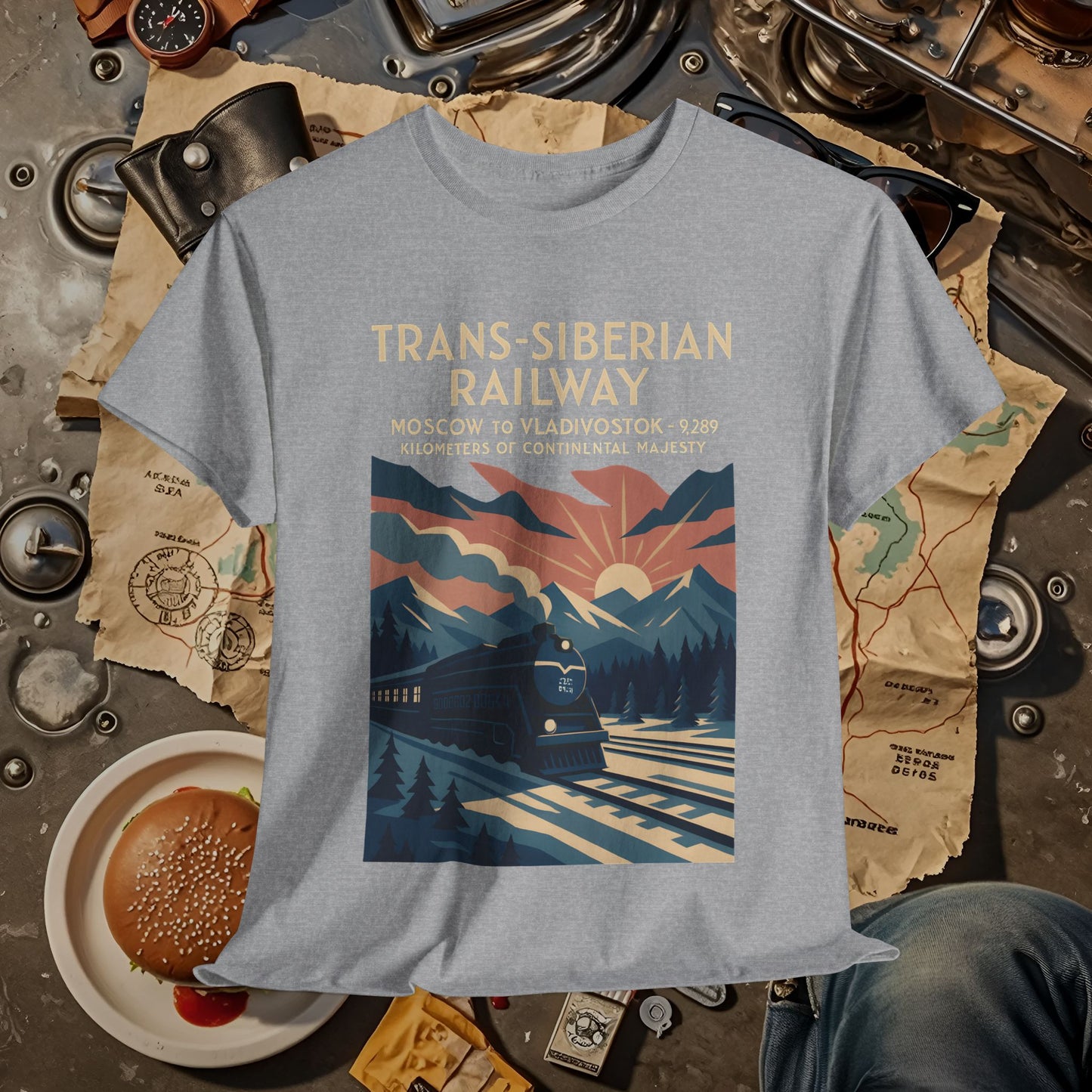 Trans-Siberian Twilight – Art Deco Russian Train Journey Tee Road Trip & Vehicle Travel T-Shirts | Car, RV, and Motorcycle Adventure Tees