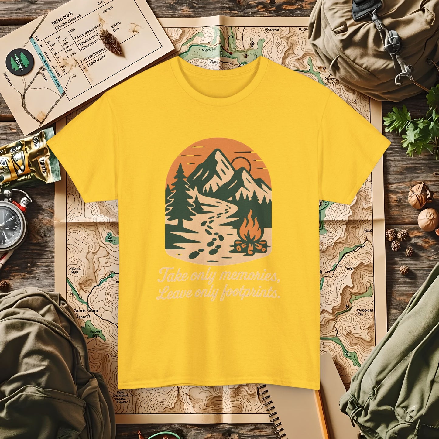 Take Only Memories, Leave Only Footprints — Sunset Mountain Trail Adventure Badge T-Shirt | Camping, Hiking, Rafting & Kayaking Tees for Nature Lovers