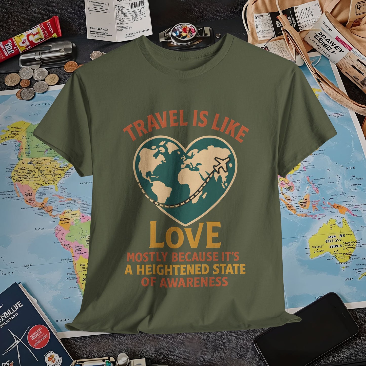 Travel Is Like Love – Heart Map Quote Tee with Airplane Path | Layover Club Air Travel T-Shirts | Jetsetter, Airport, and International Flight Tees