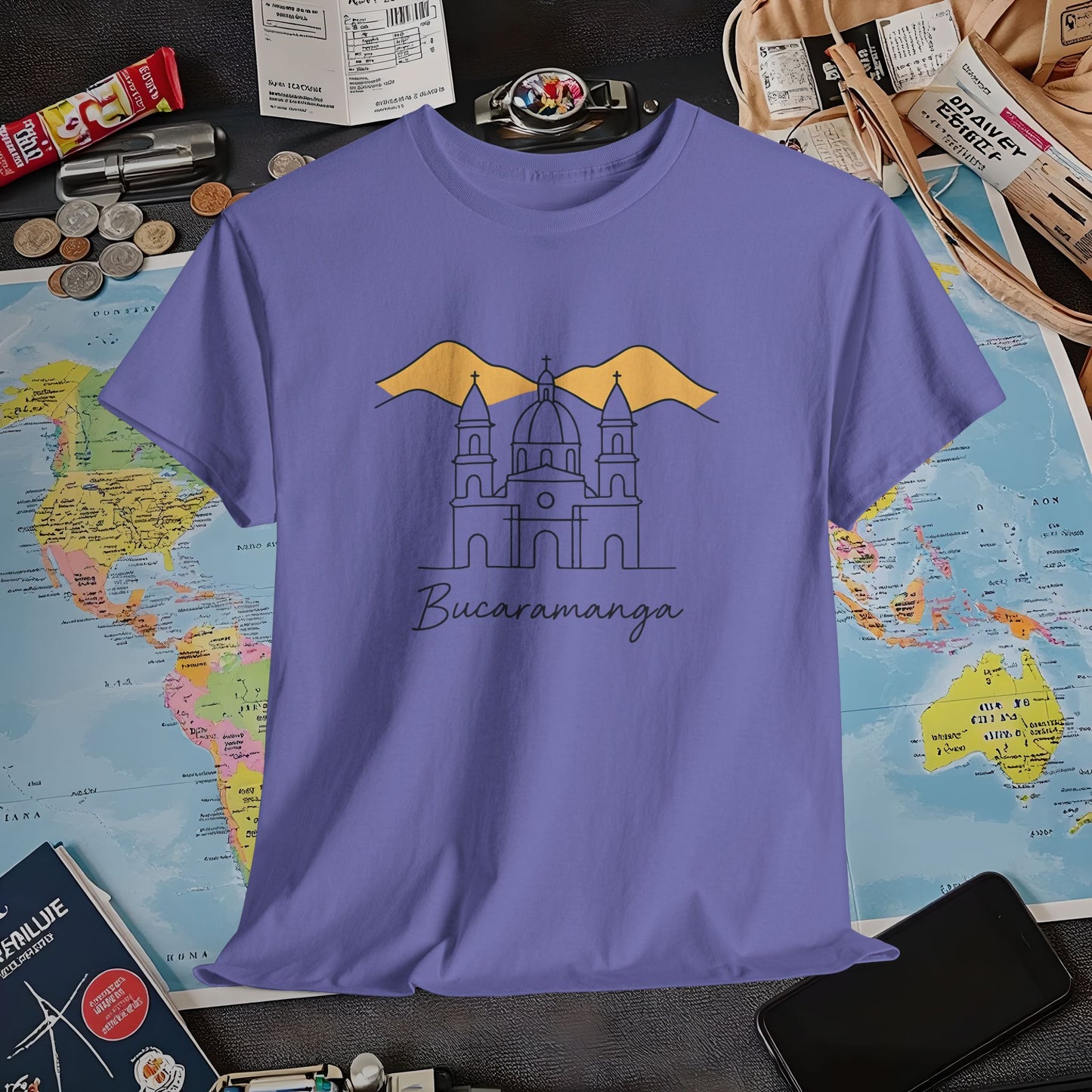 Bucaramanga Cathedral with Andes Silhouette – Vintage Colombia Travel Tee | Layover Club Air Travel T-Shirts | Jetsetter, Airport, and International Flight Tees