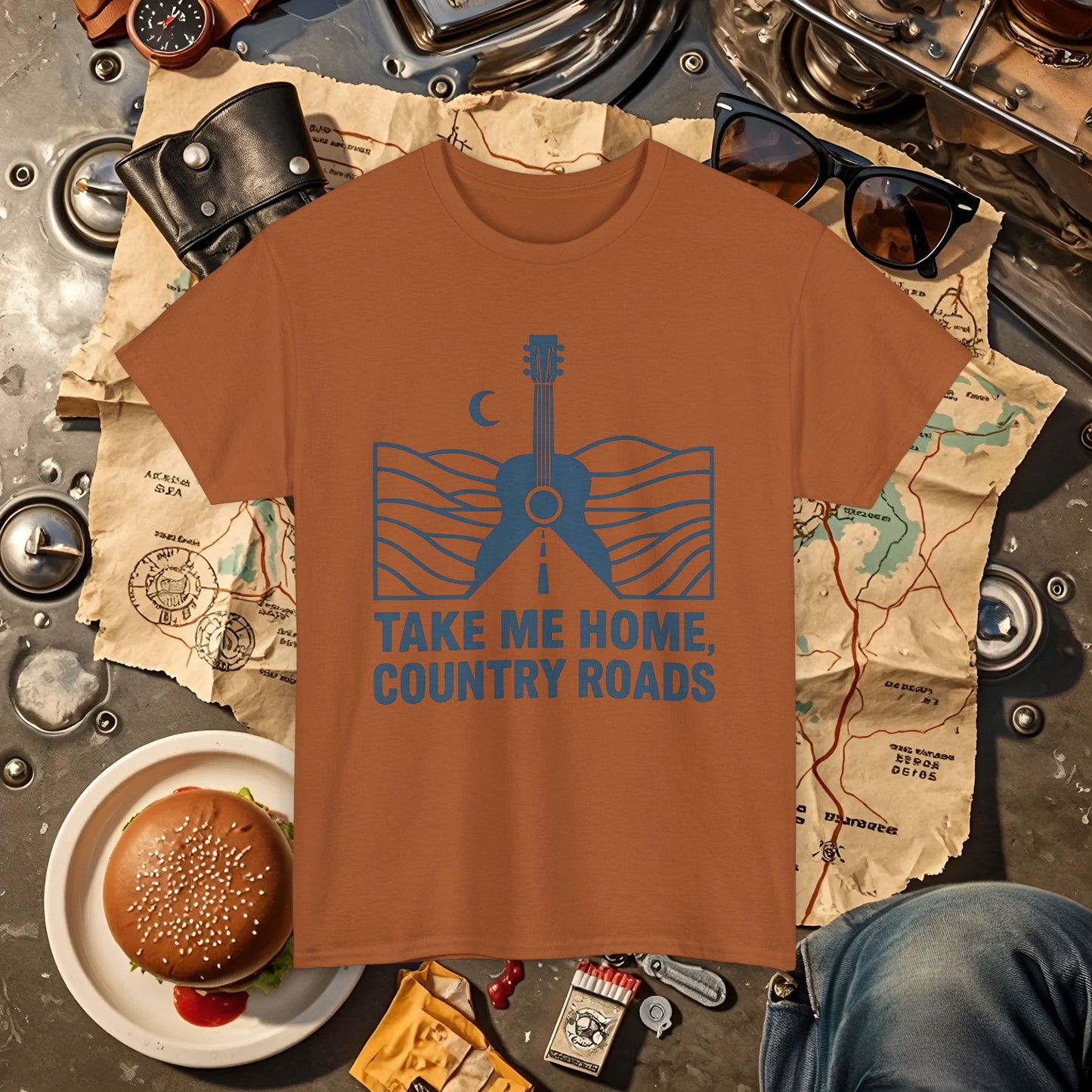 Take Me Home, Country Roads T-Shirt – Guitar Horizon & Open Highway Design Road Trip & Vehicle Travel T-Shirts | Car, RV, and Motorcycle Adventure Tees