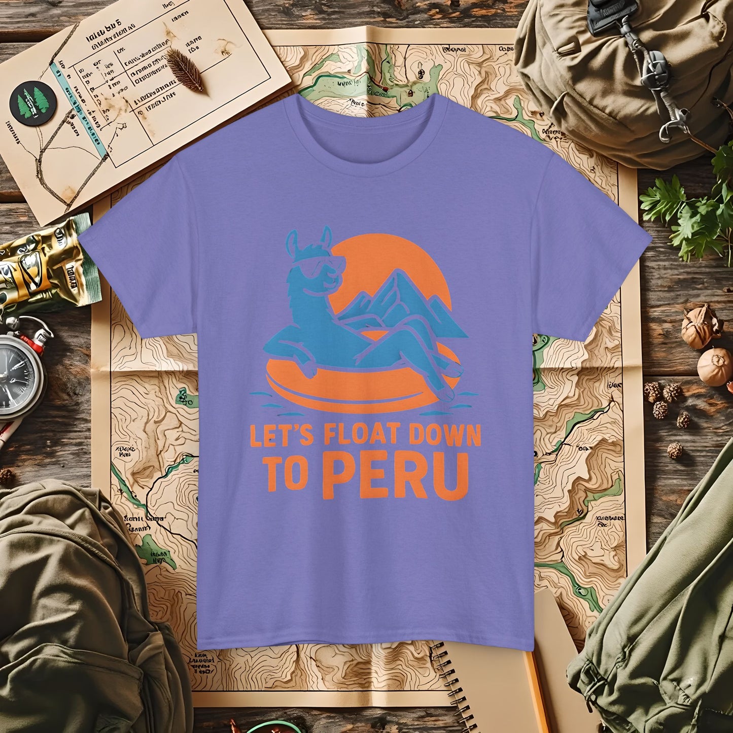 Let’s Float Down to Peru T-Shirt – Chill Llama on Inner Tube and Andes Sunset Outdoor Adventure T-Shirts | Camping, Hiking, Rafting & Kayaking Tees for Nature Lovers