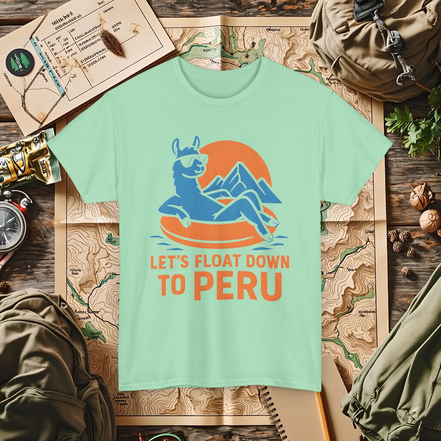 Let’s Float Down to Peru T-Shirt – Chill Llama on Inner Tube and Andes Sunset Outdoor Adventure T-Shirts | Camping, Hiking, Rafting & Kayaking Tees for Nature Lovers