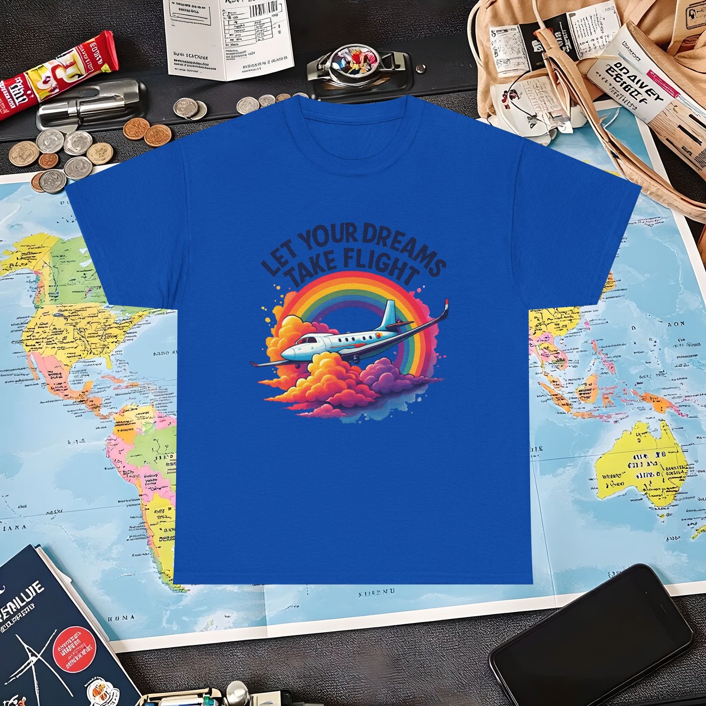 Let Your Dreams Take Flight T-Shirt – Airplane with Rainbow Trail Design Air Travel T-Shirts | Jetsetter, Airport, and International Flight Tees