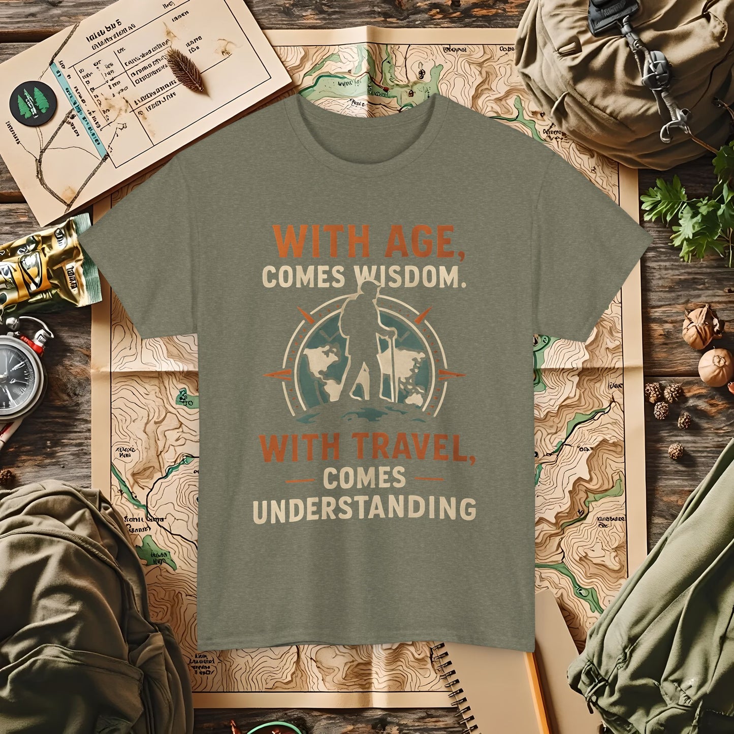 With Age Comes Wisdom, With Travel Comes Understanding Tee – Explorer Compass Design | Camping, Hiking, Rafting & Kayaking Tees for Nature Lovers