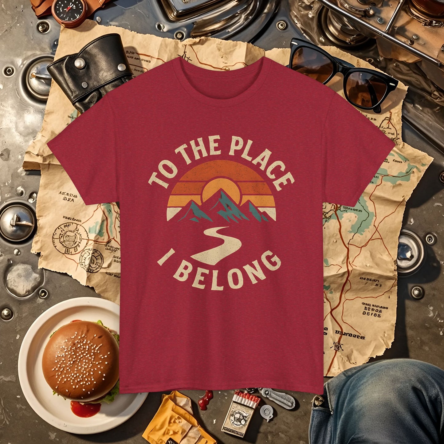 To the Place I Belong T-Shirt – Retro Sunset Mountain Road Travel Badge Road Trip & Vehicle Travel T-Shirts | Car, RV, and Motorcycle Adventure Tees