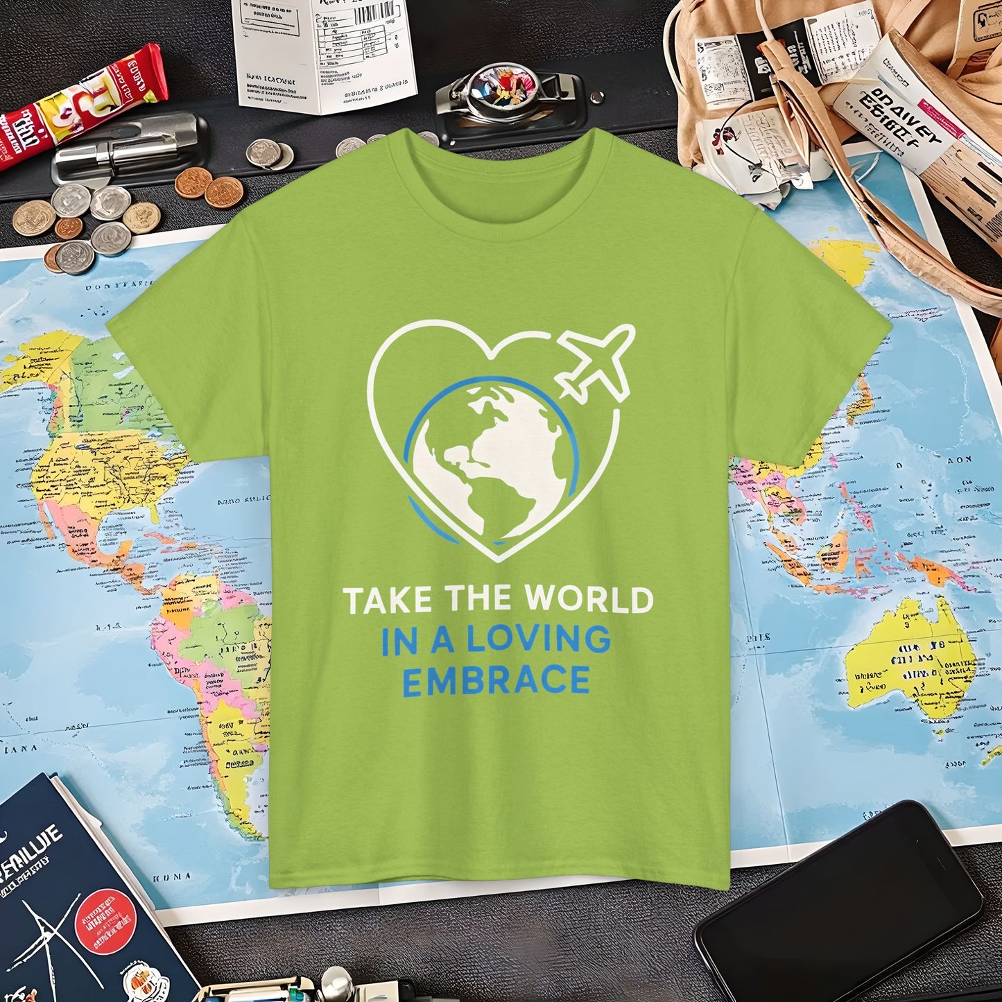 Take the World in a Loving Embrace T-Shirt – Heart in Flight Over Globe Design Air Travel T-Shirts | Jetsetter, Airport, and International Flight Tees