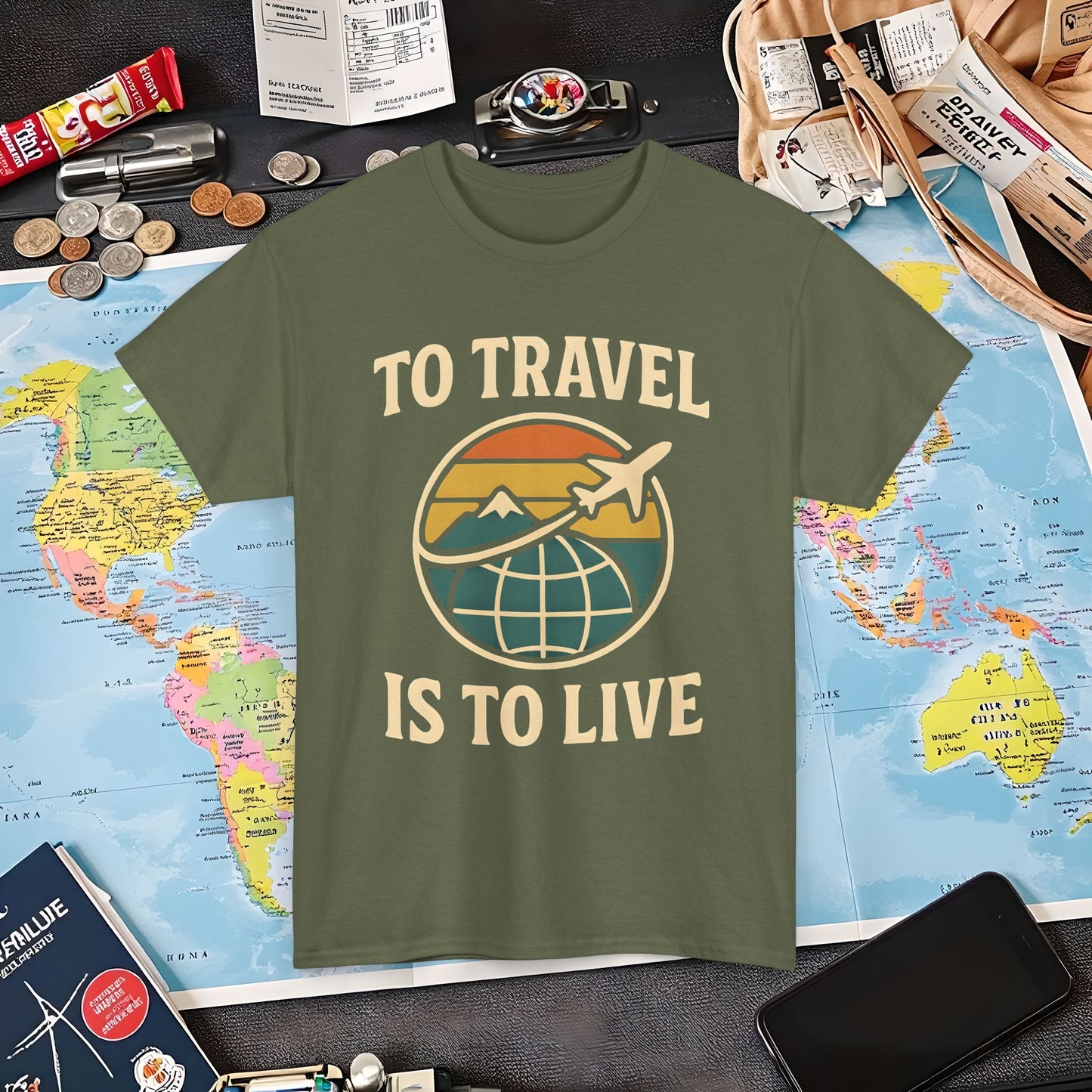To Travel Is To Live – Vintage Globe & Airplane Travel Badge Tee (Layover Club) Air Travel T-Shirts | Jetsetter, Airport, and International Flight Tees