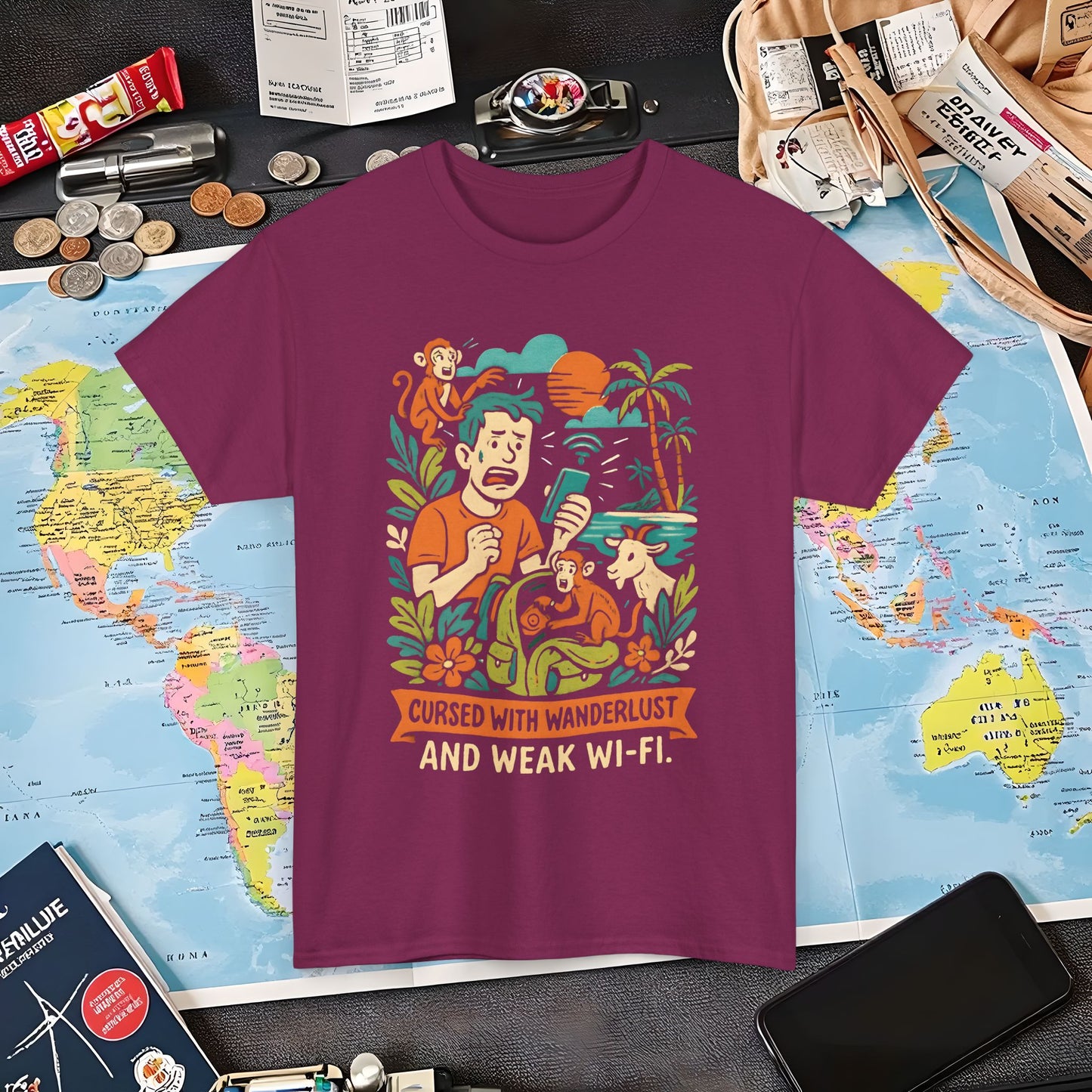 Cursed with Wanderlust and Weak Wi-Fi – Funny Tropical Traveler Frustration Tee Travel T-Shirts | Jetsetter, Airport, and International Flight Tees
