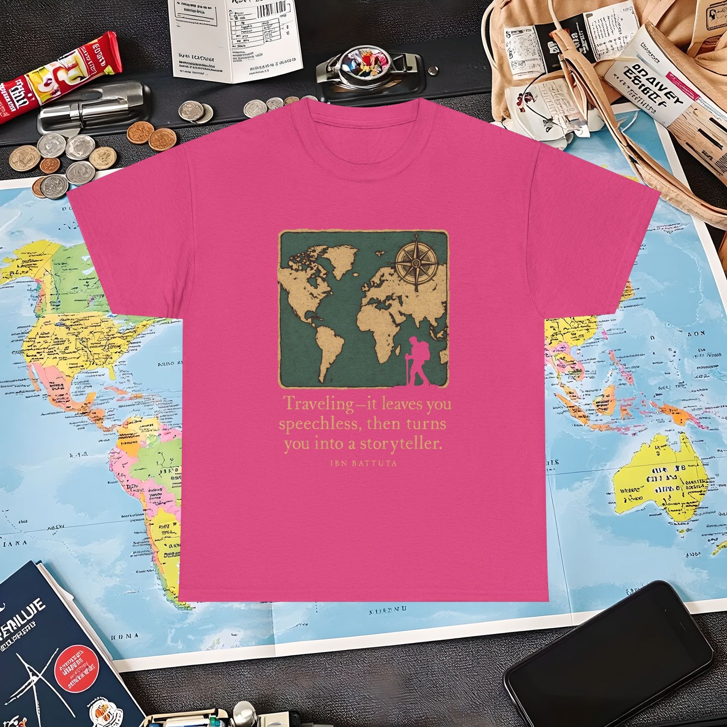 Speechless to Storyteller – Vintage Map Wanderlust Quote Tee Air Travel T-Shirts | Jetsetter, Airport, and International Flight Tees