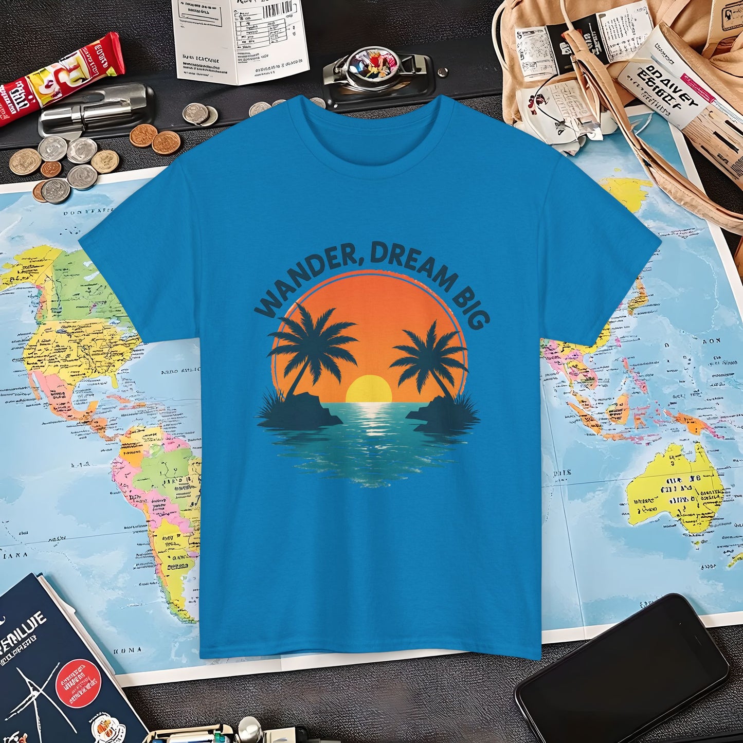 Wander Dream Big T-Shirt – Tropical Sunset with Palm Silhouettes Design Air Travel T-Shirts | Jetsetter, Airport, and International Flight Tees