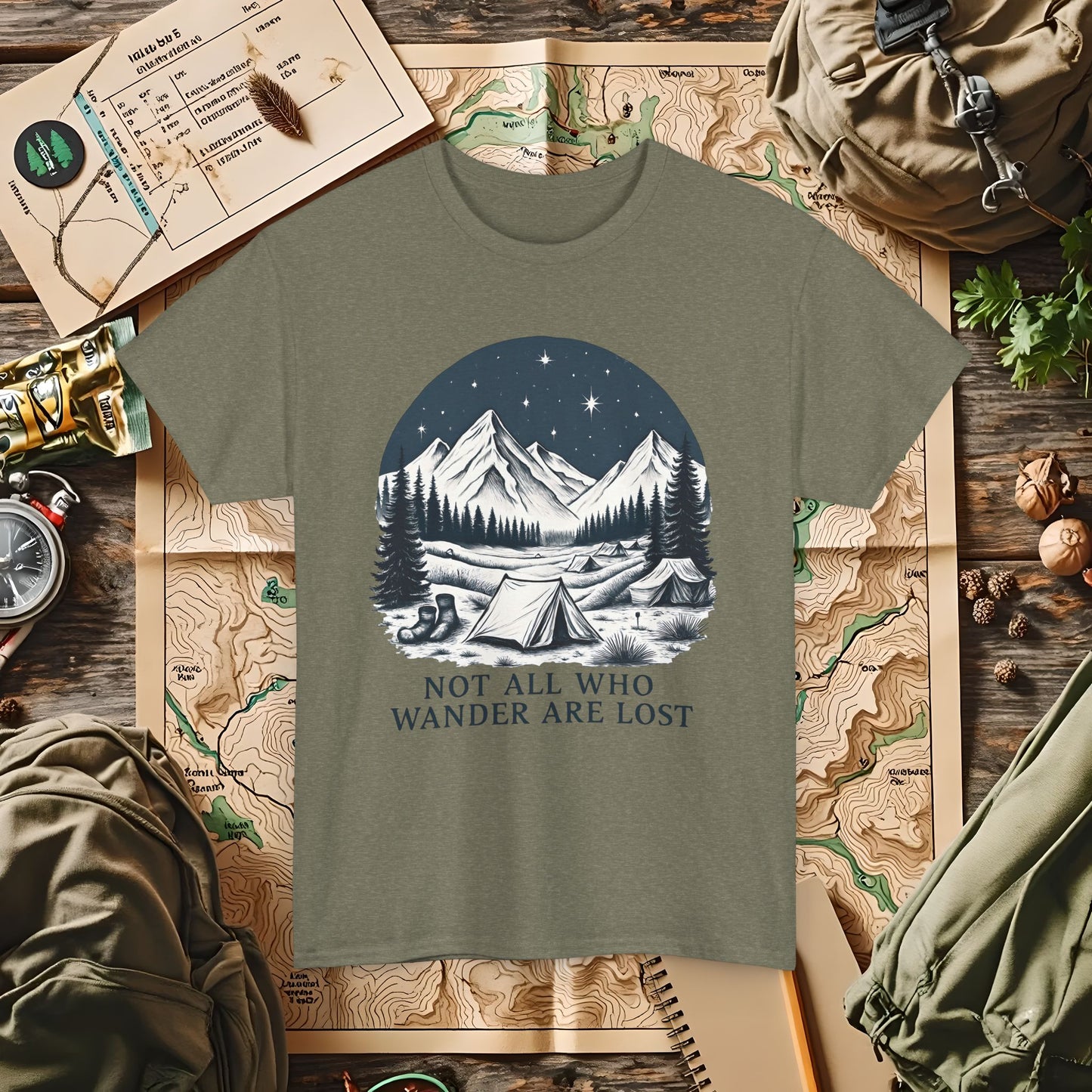 Not All Who Wander Are Lost T-Shirt – Mountain Camping Under Starry Night Camping, Hiking, Rafting & Kayaking Tees for Nature Lovers