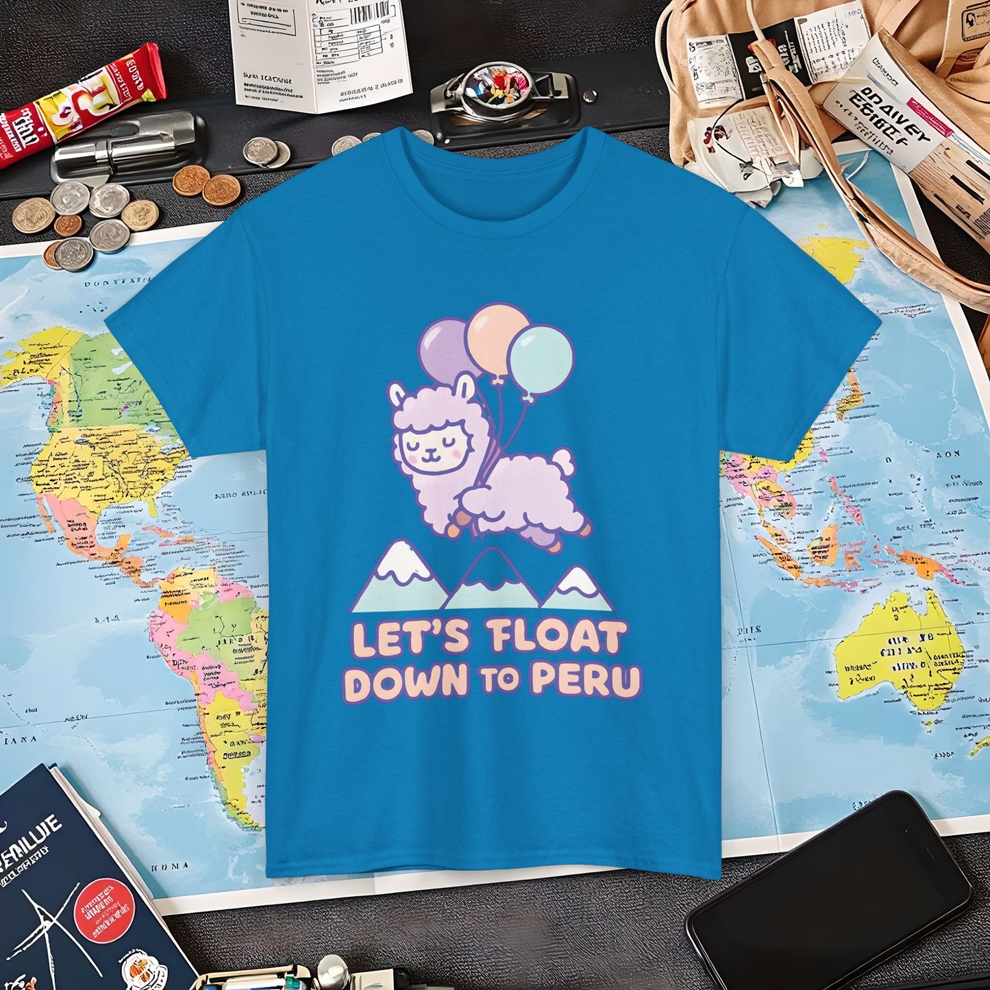 Let’s Float Down to Peru T-Shirt – Kawaii Alpaca Over Snowy Mountain Peaks Air Travel T-Shirts | Jetsetter, Airport, and International Flight Tees