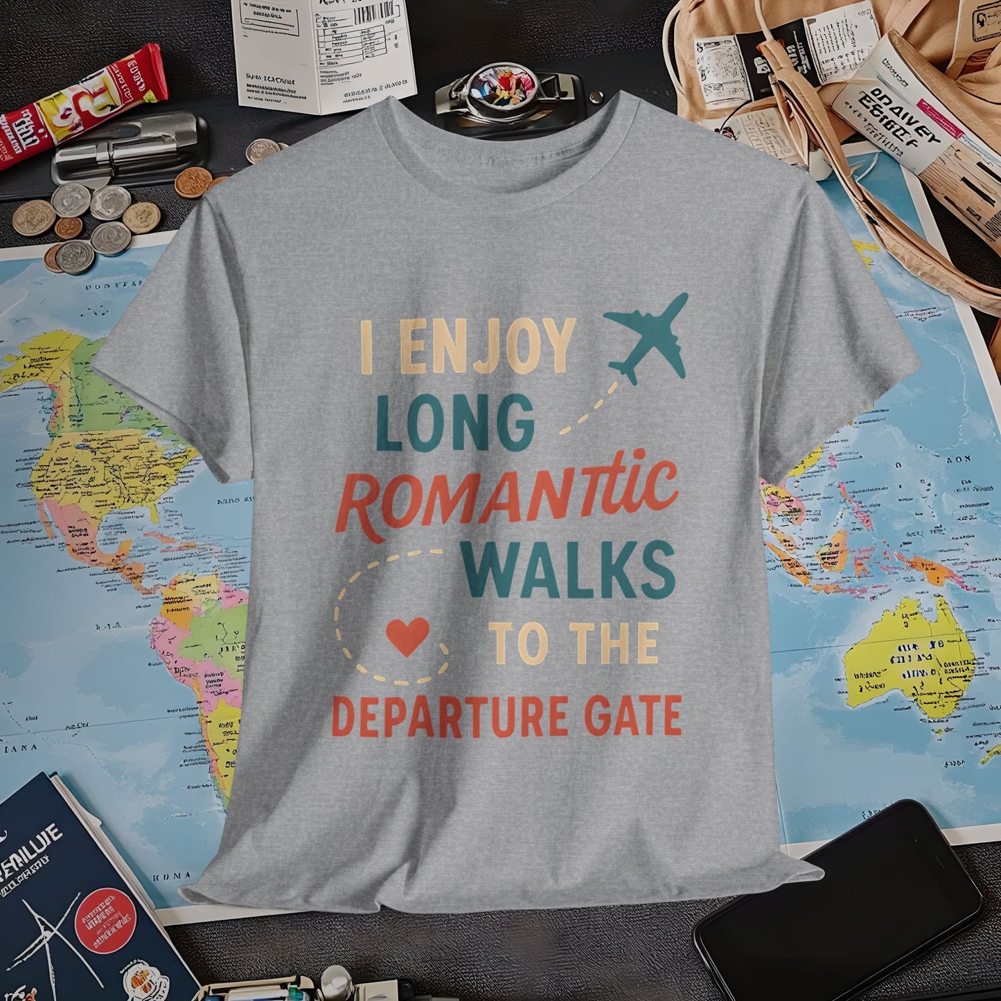 Long Romantic Walks to the Departure Gate Tee – Playful Vintage Travel Shirt Air Travel T-Shirts | Jetsetter, Airport, and International Flight Tees
