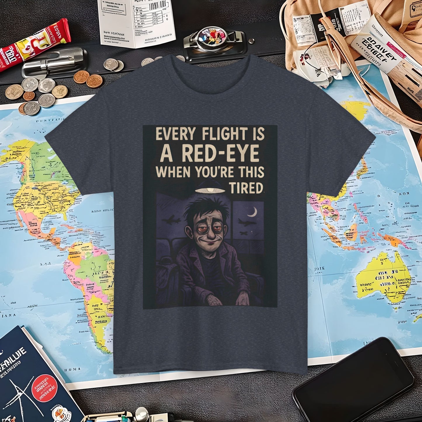 Every Flight Is a Red Eye Tee – Exhausted Traveler Comic Noir Shirt Air Travel T-Shirts | Jetsetter, Airport, and International Flight Tees