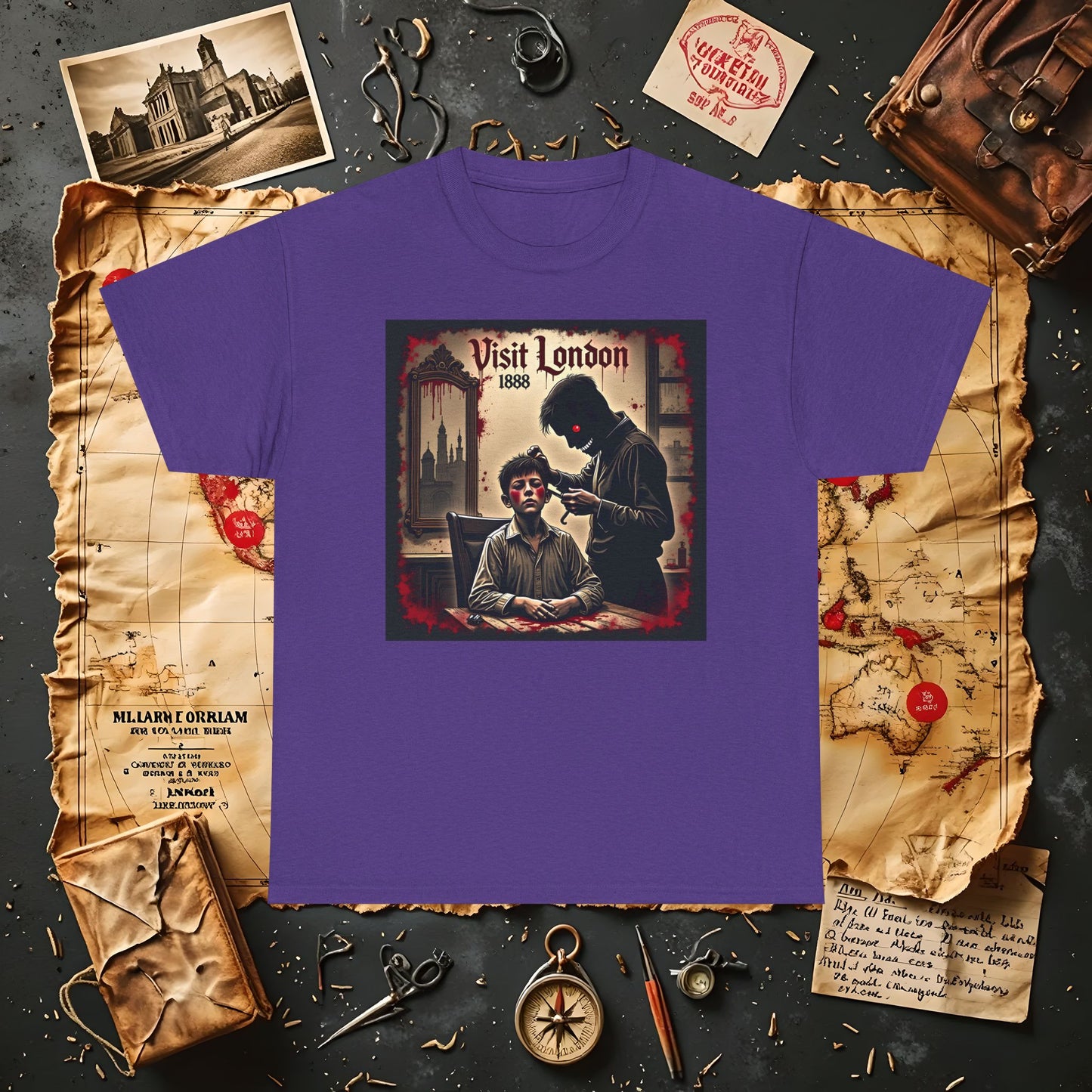 Visit London 1888 T-Shirt – Victorian Horror with Jack the Ripper and Evil Barber Art